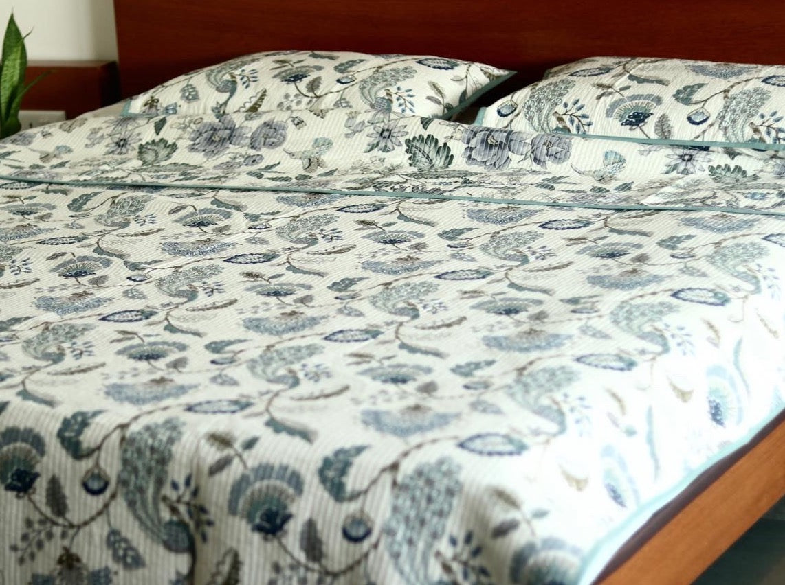 Blue Floral Quilted Bedcover Set