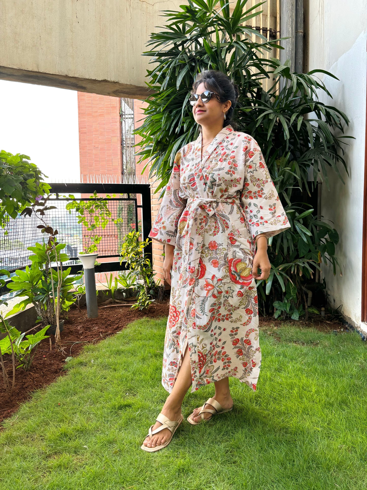White and Red Floral Waffle Cotton Bathrobe