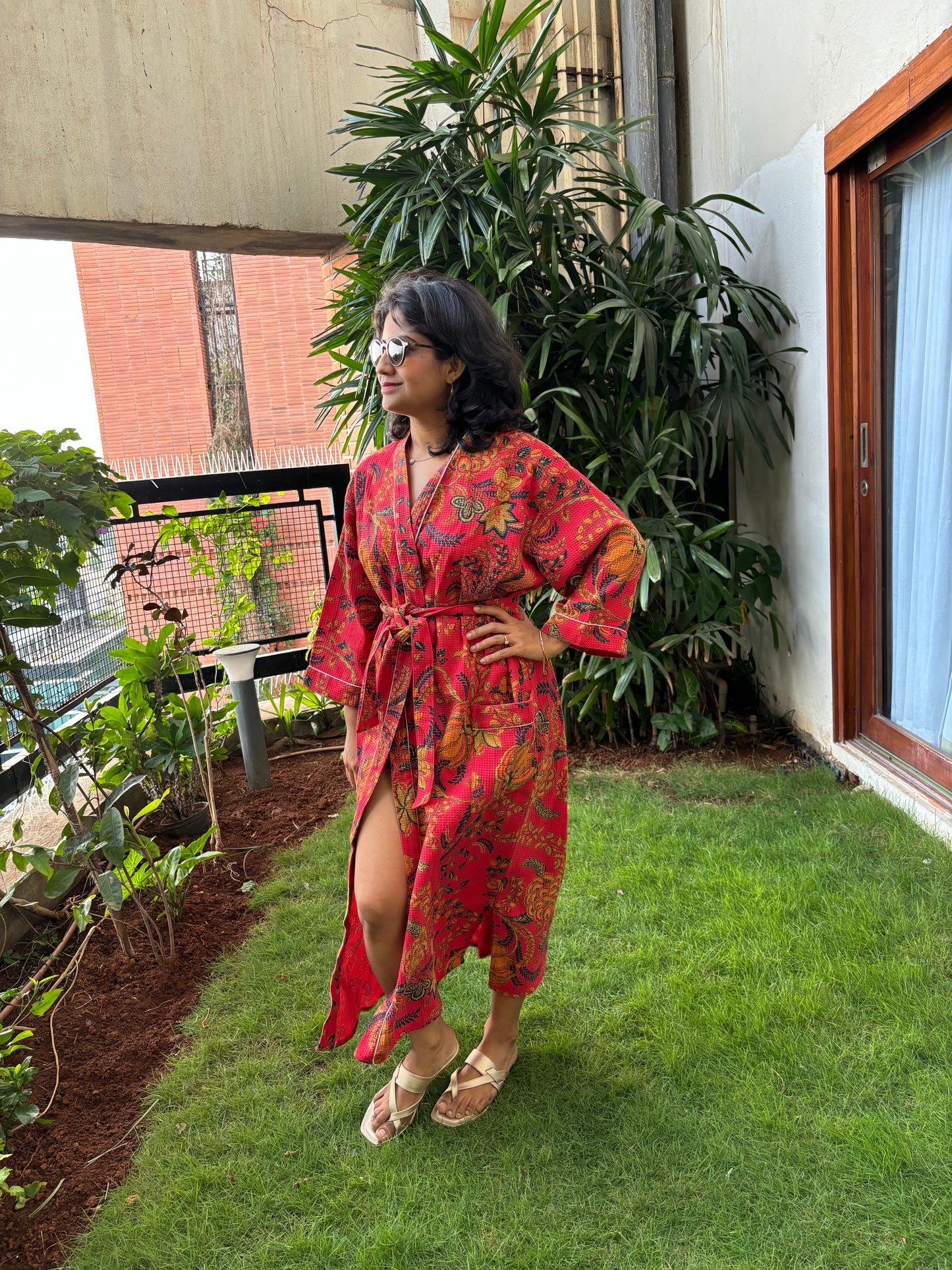 Rich Red Floral Waffle Cotton Bathrobe