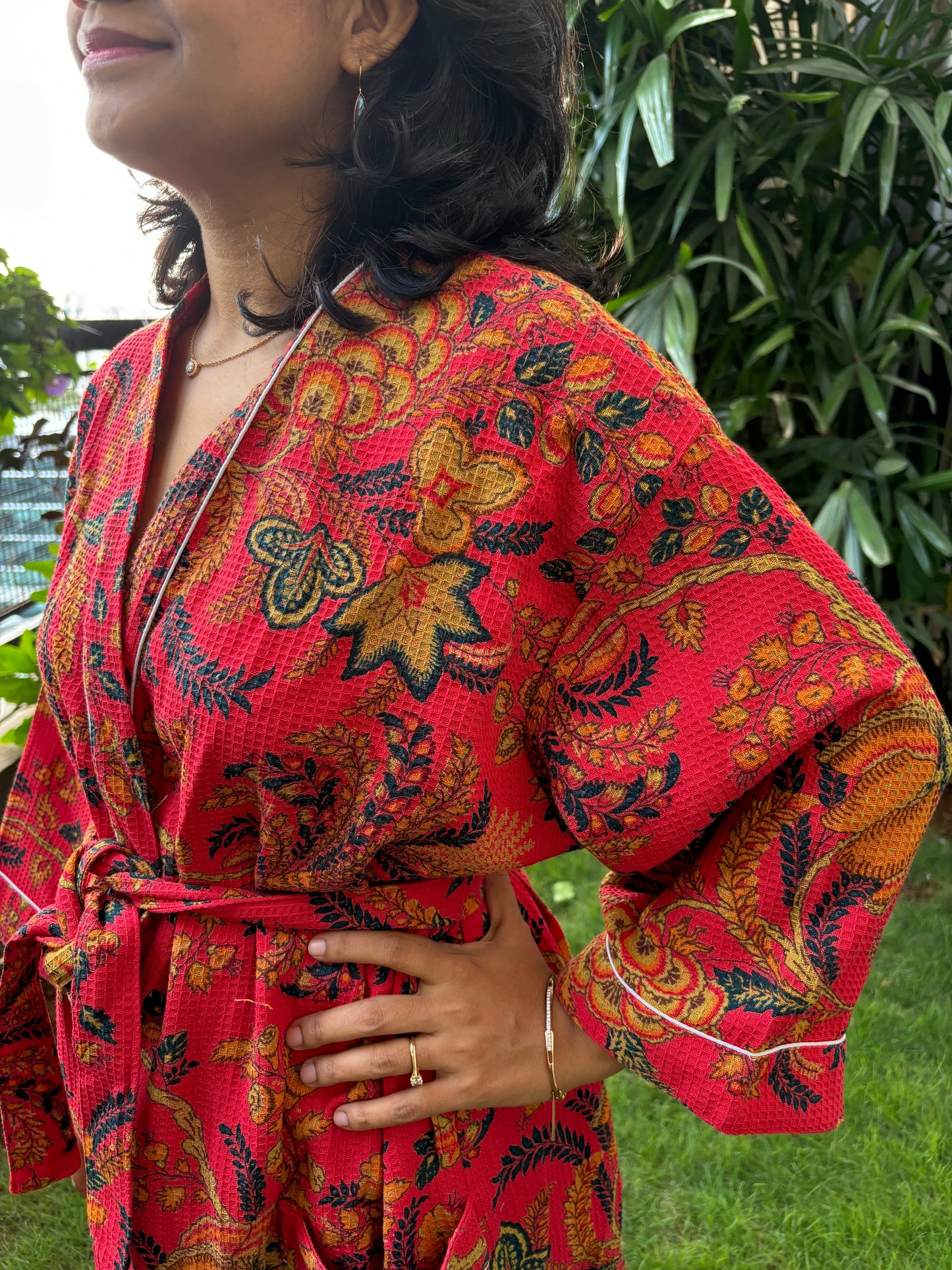 Rich Red Floral Waffle Cotton Bathrobe