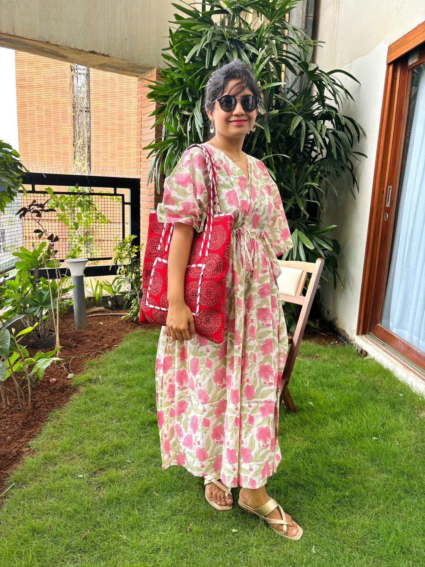 Blushing Bouquet Pink Handblock Printed Kaftan