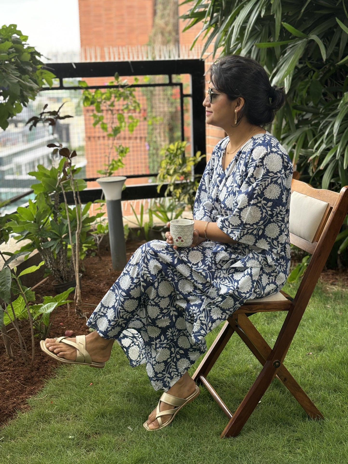 Blue Floral Handblock Printed Kaftan