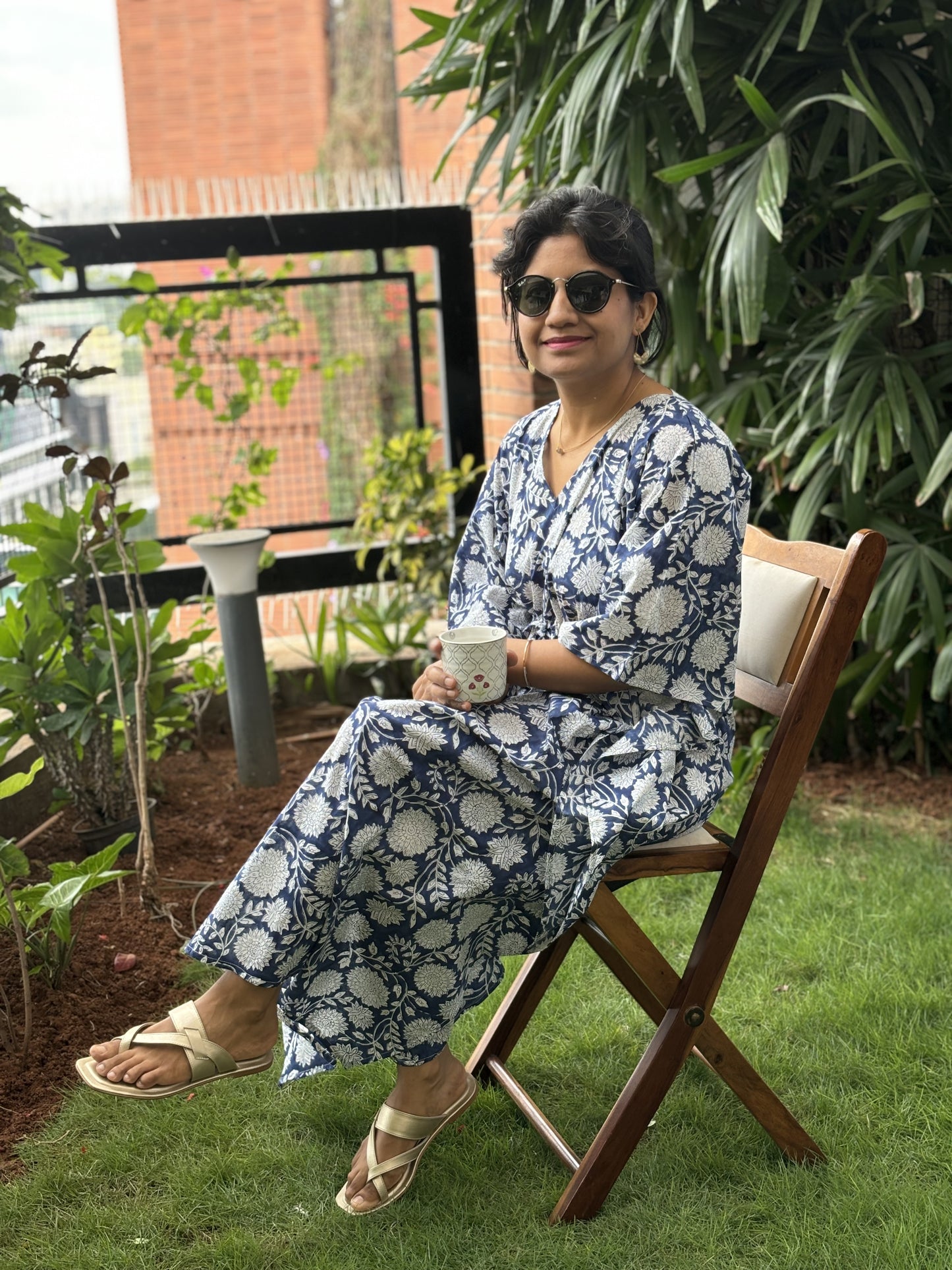 Blue Floral Handblock Printed Kaftan