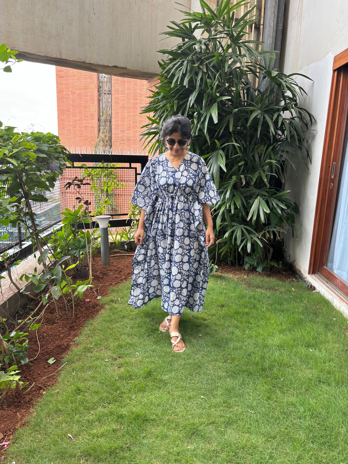 Blue Floral Handblock Printed Kaftan