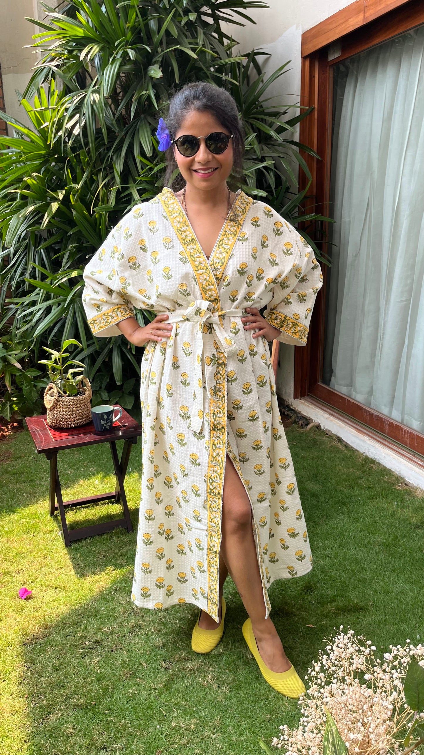Yellow Floral Luxury Waffle Cotton Bathrobe