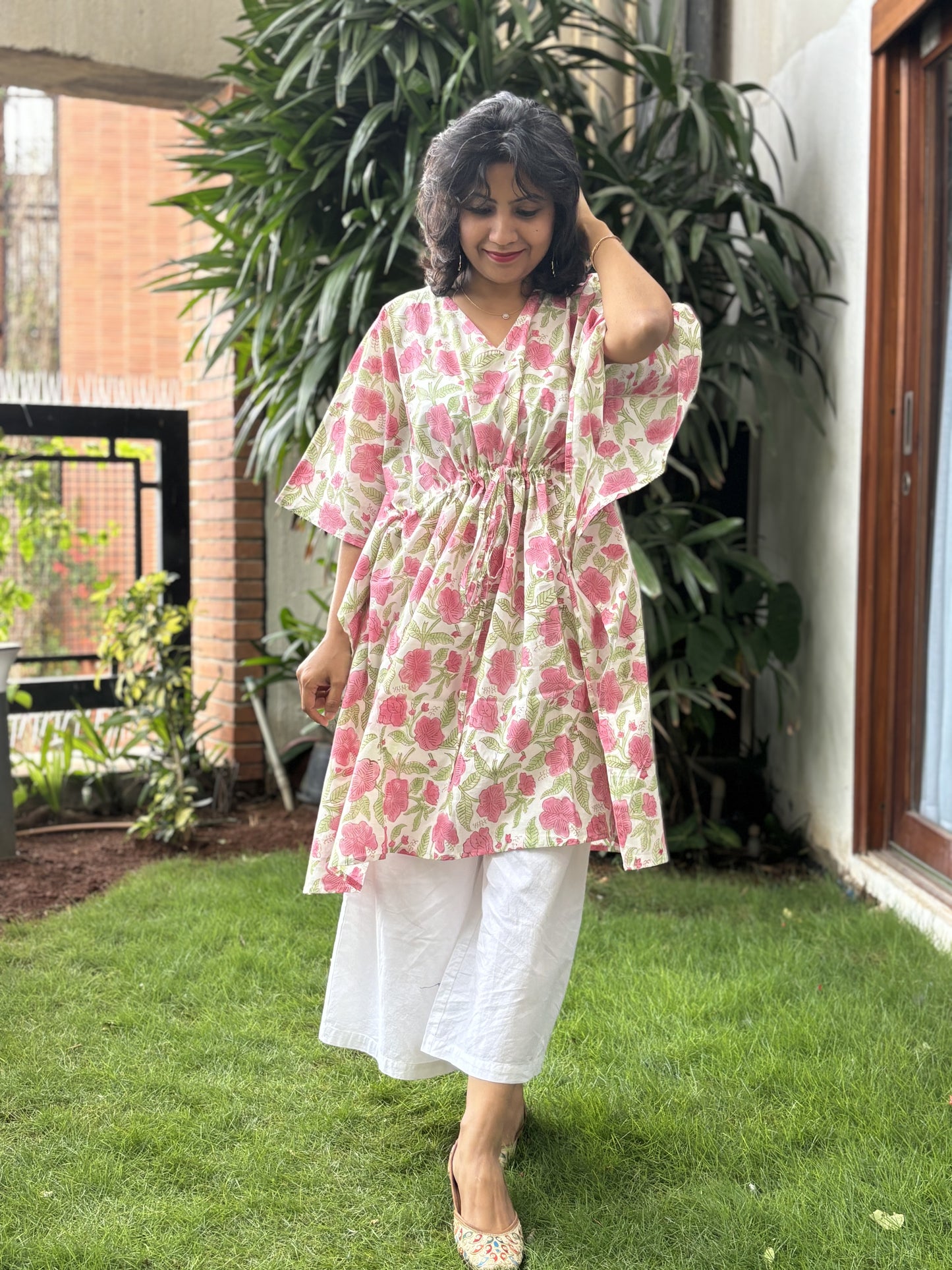 Blushing Bouquet Pink Handblock Printed Kaftan