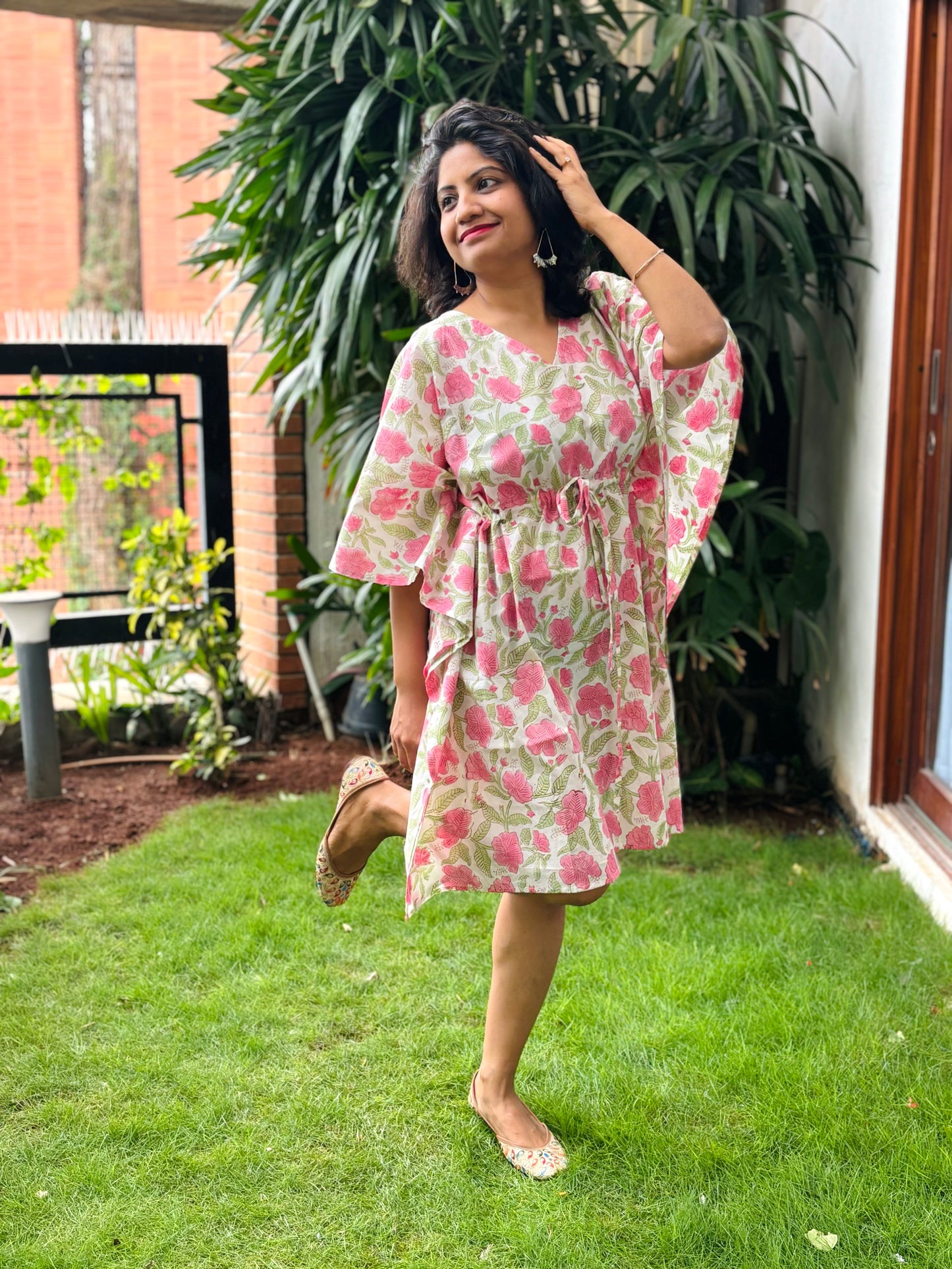 Blushing Bouquet Pink Handblock Printed Kaftan