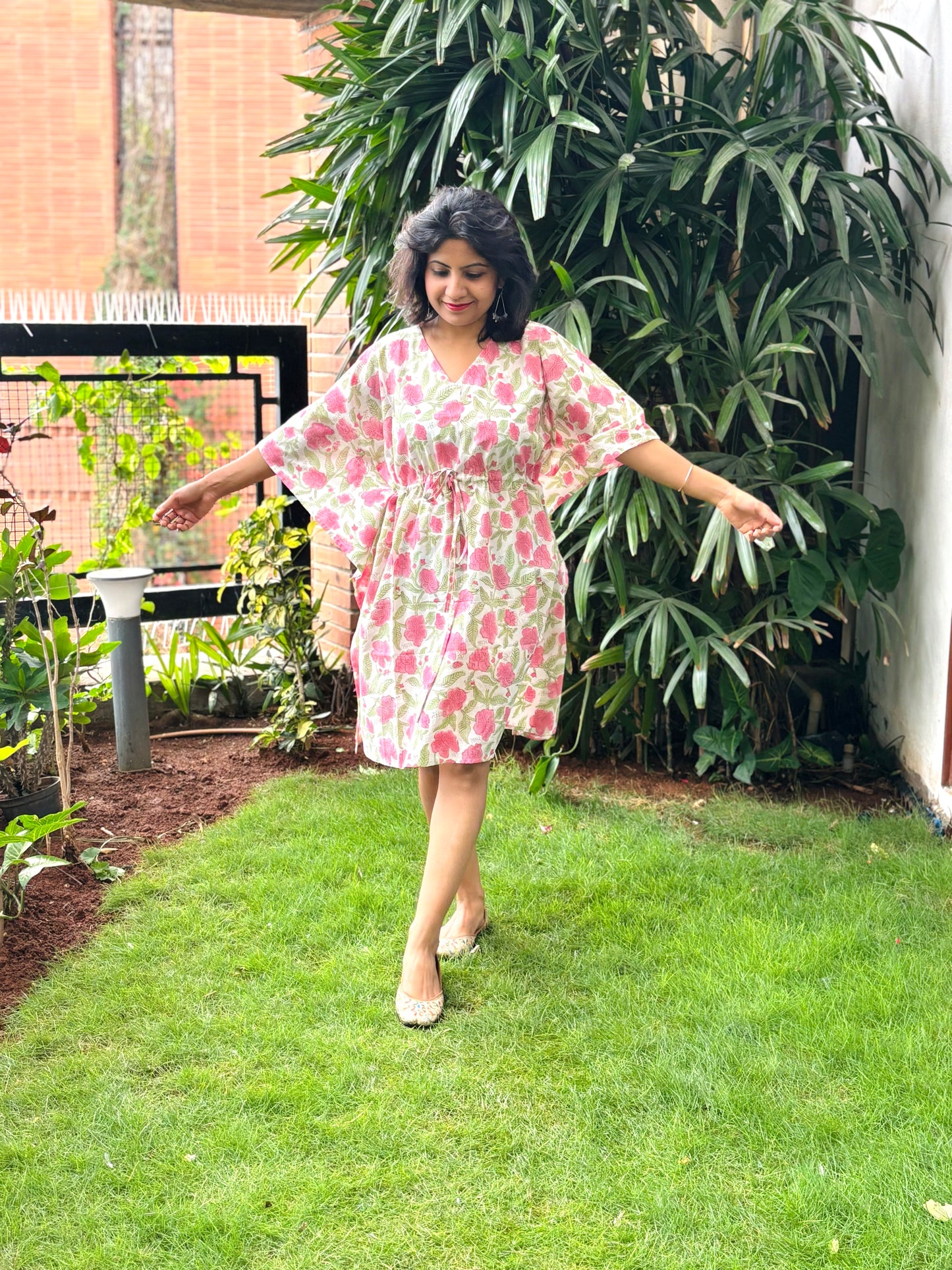 Blushing Bouquet Pink Handblock Printed Kaftan