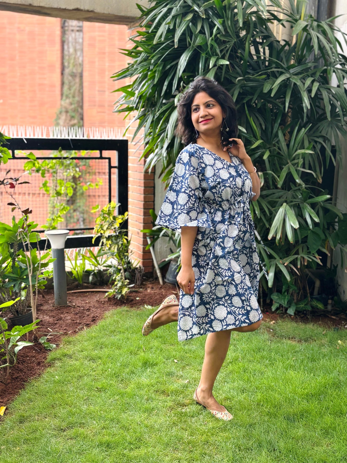 Blue Floral Handblock Printed Kaftan