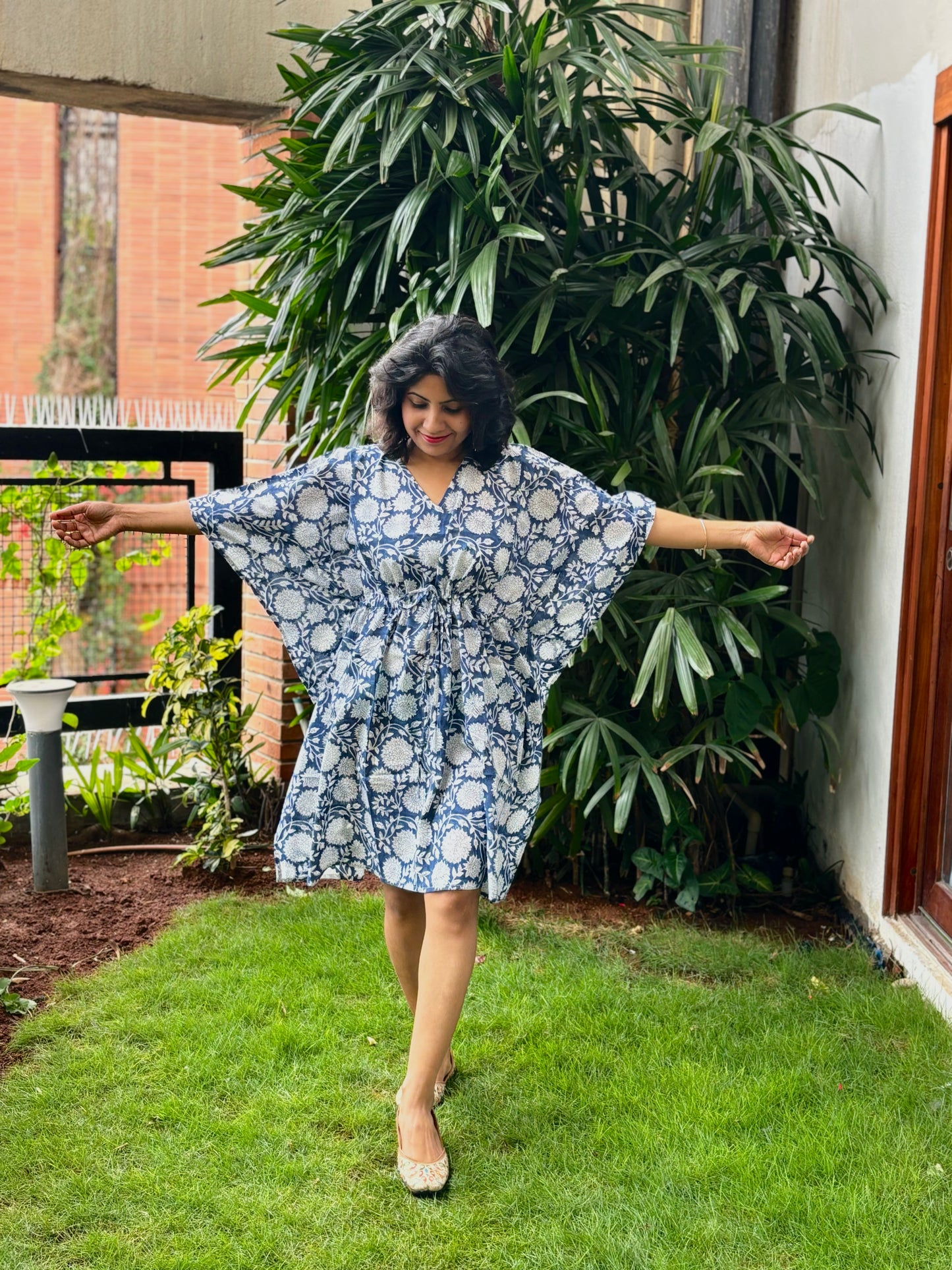 Blue Floral Handblock Printed Kaftan