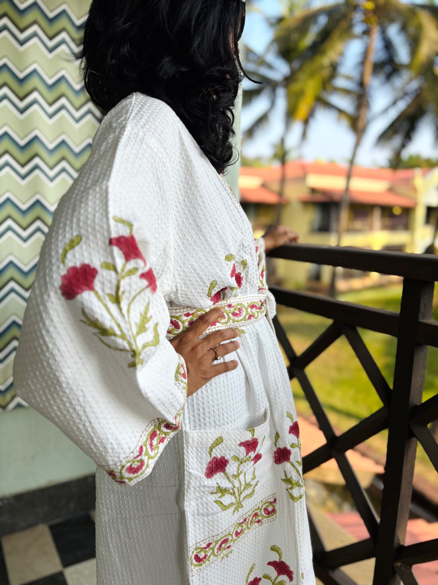 Crimson Red Lily Waffle Cotton Bathrobe