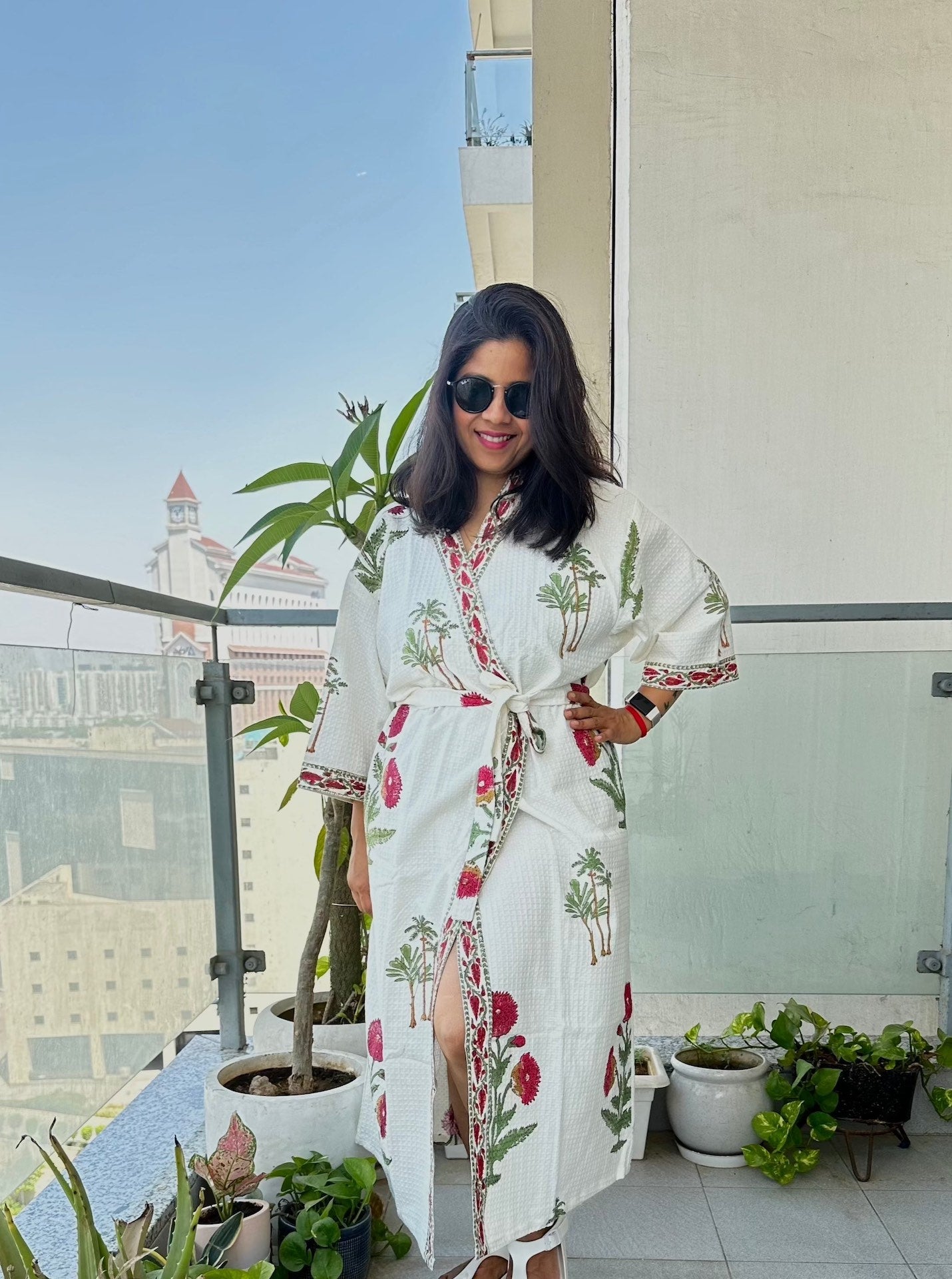 Red Poppy Delight Hand Block Printed Waffle Cotton Bathrobe