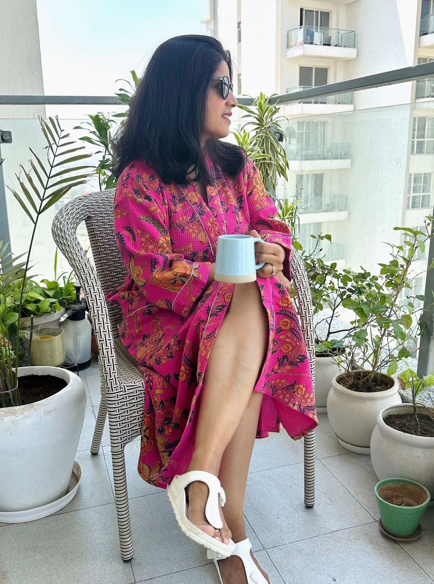 Fuchsia Pink Fantasy Waffle Cotton Bathrobe