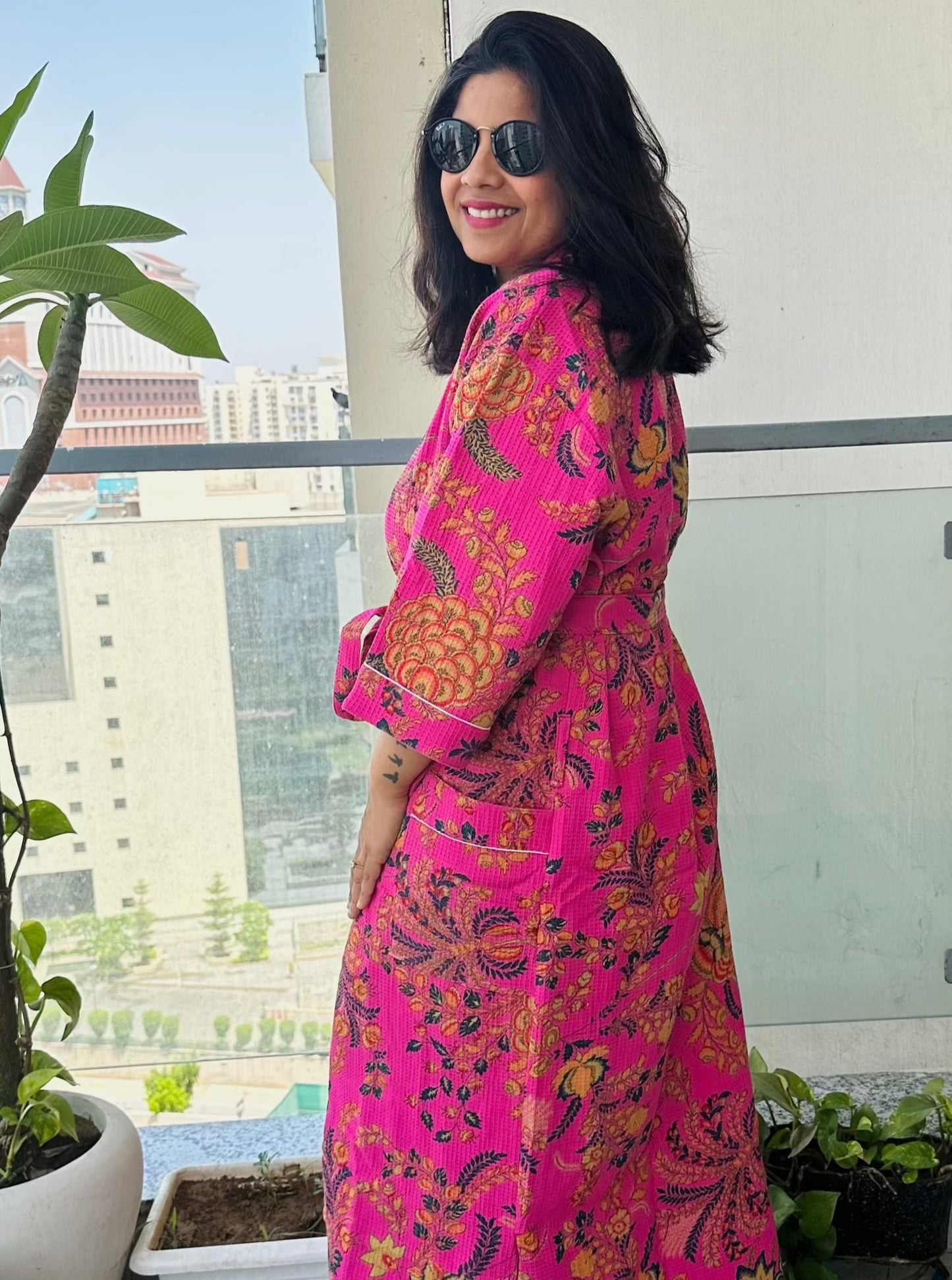Fuchsia Pink Fantasy Waffle Cotton Bathrobe