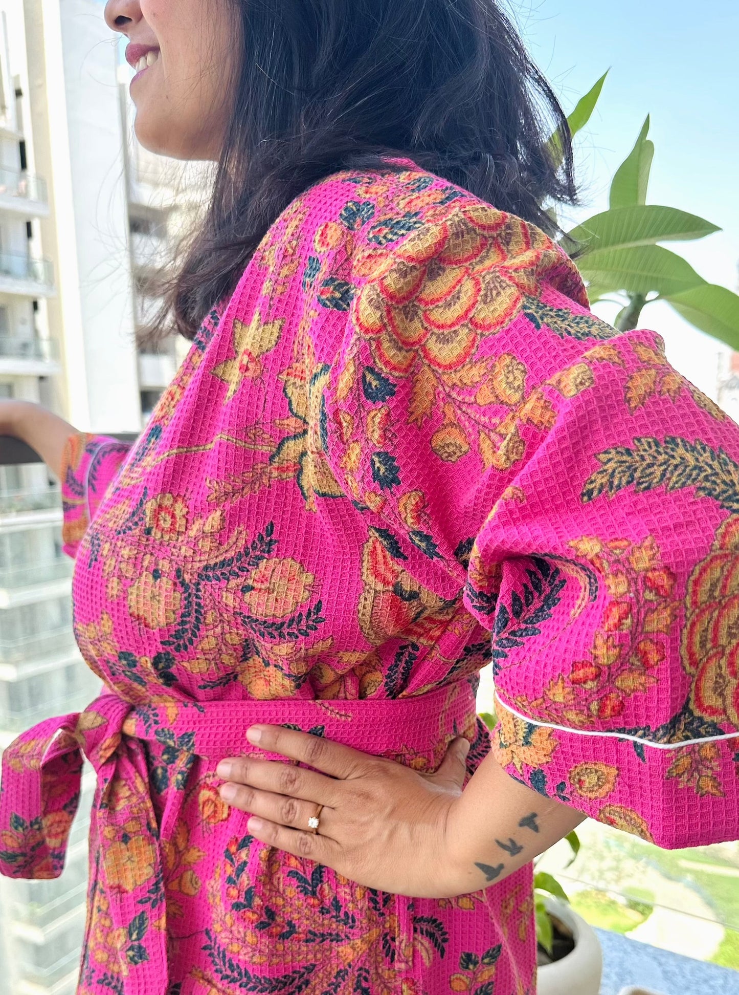 Fuchsia Pink Fantasy Waffle Cotton Bathrobe