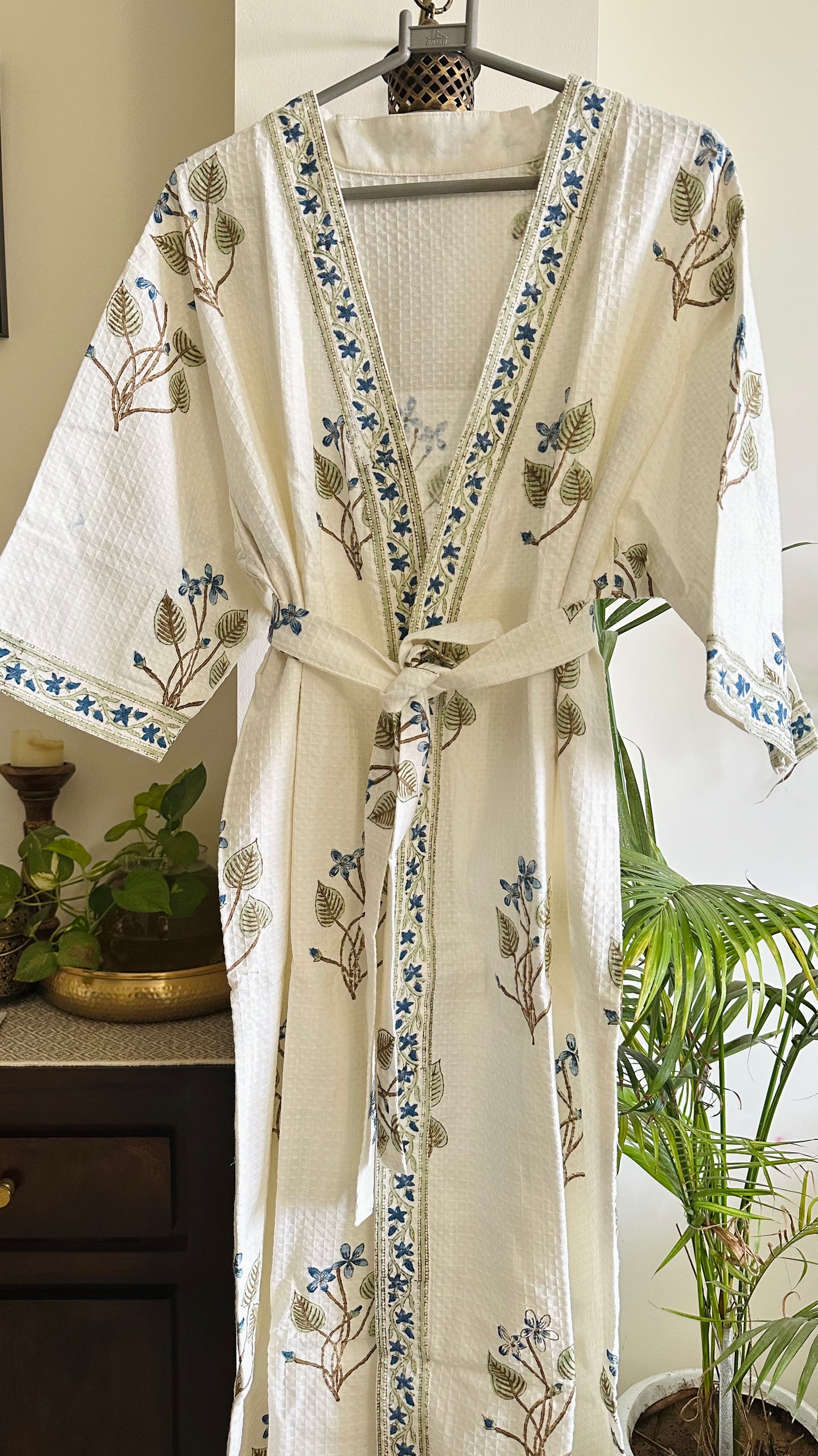 Indigo Bloom Waffle Cotton Bathrobe