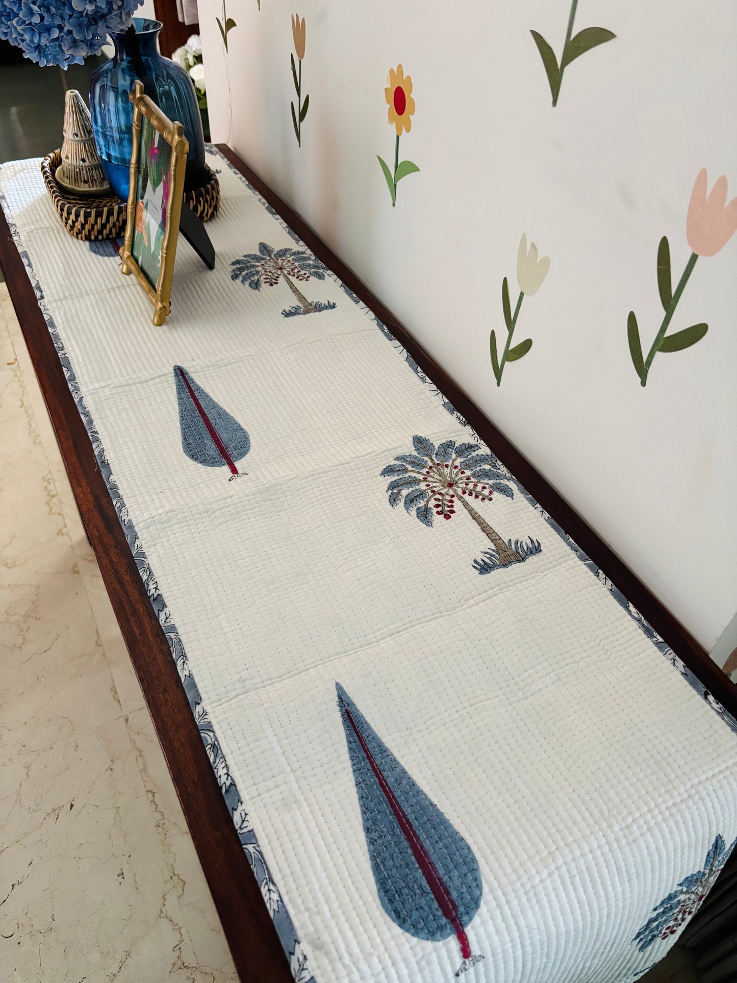 Blue palm cypress leaf Quilted & Reversible Table Runner