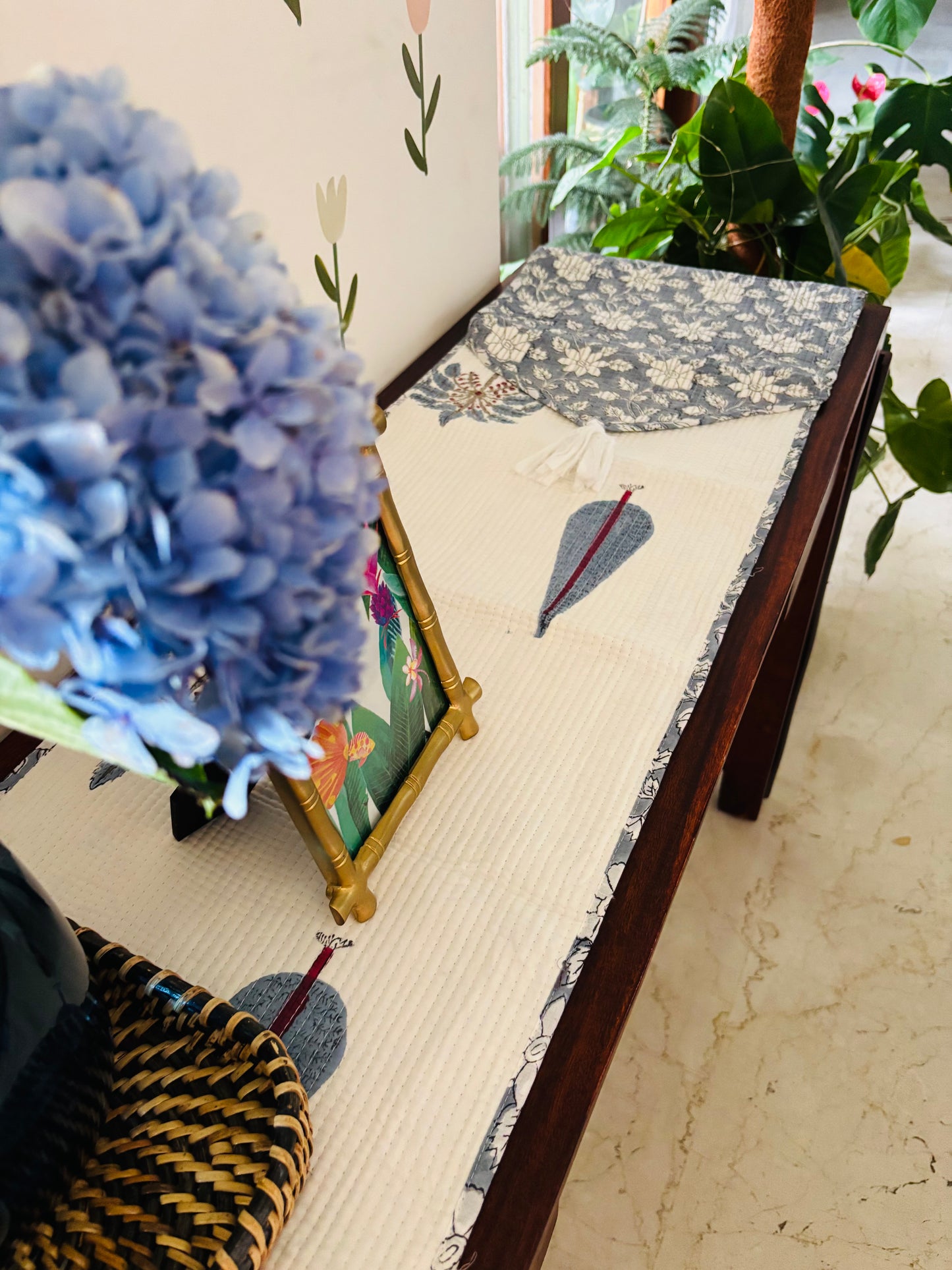 Blue palm cypress leaf Quilted & Reversible Table Runner