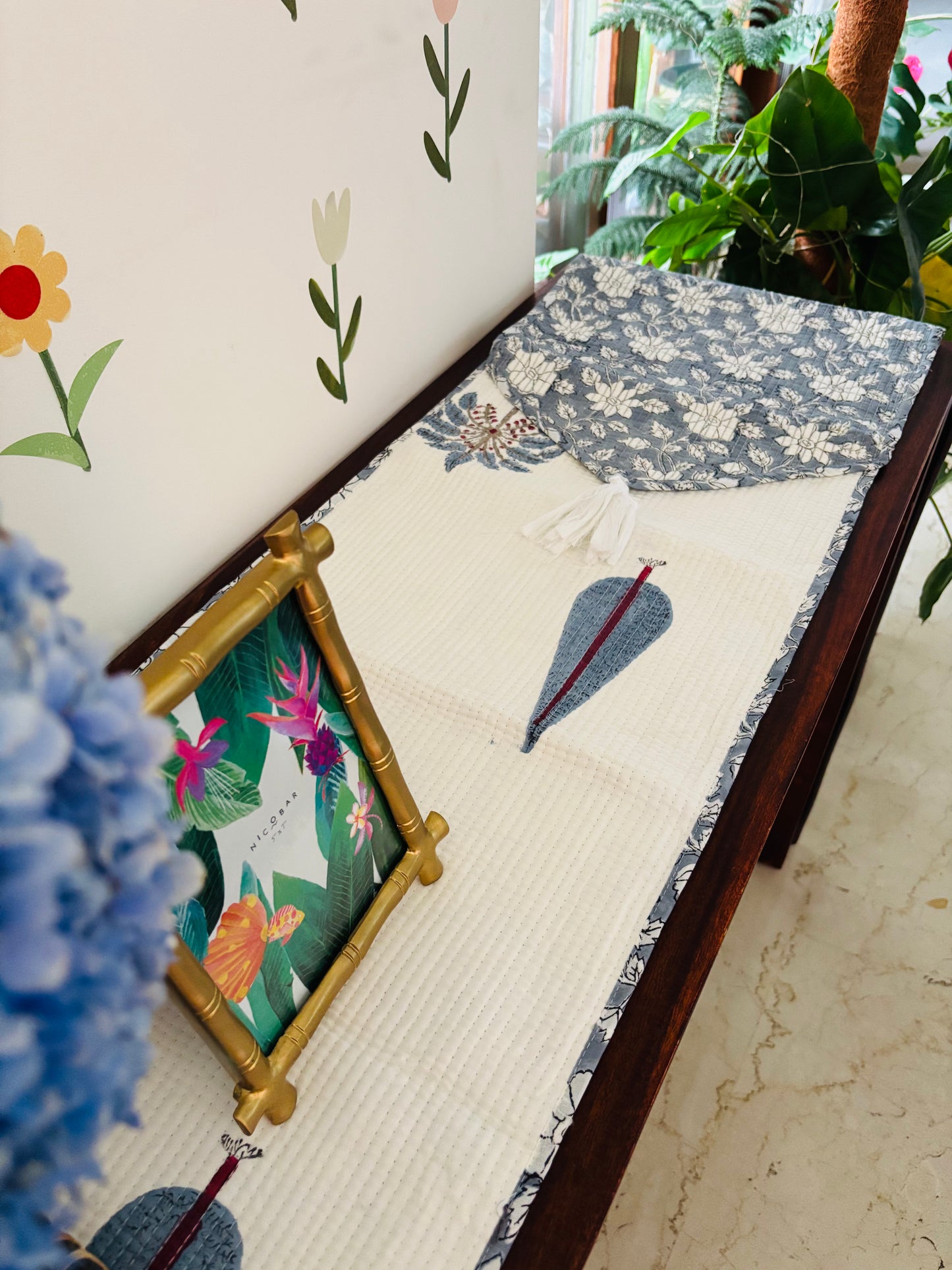 Blue palm cypress leaf Quilted & Reversible Table Runner