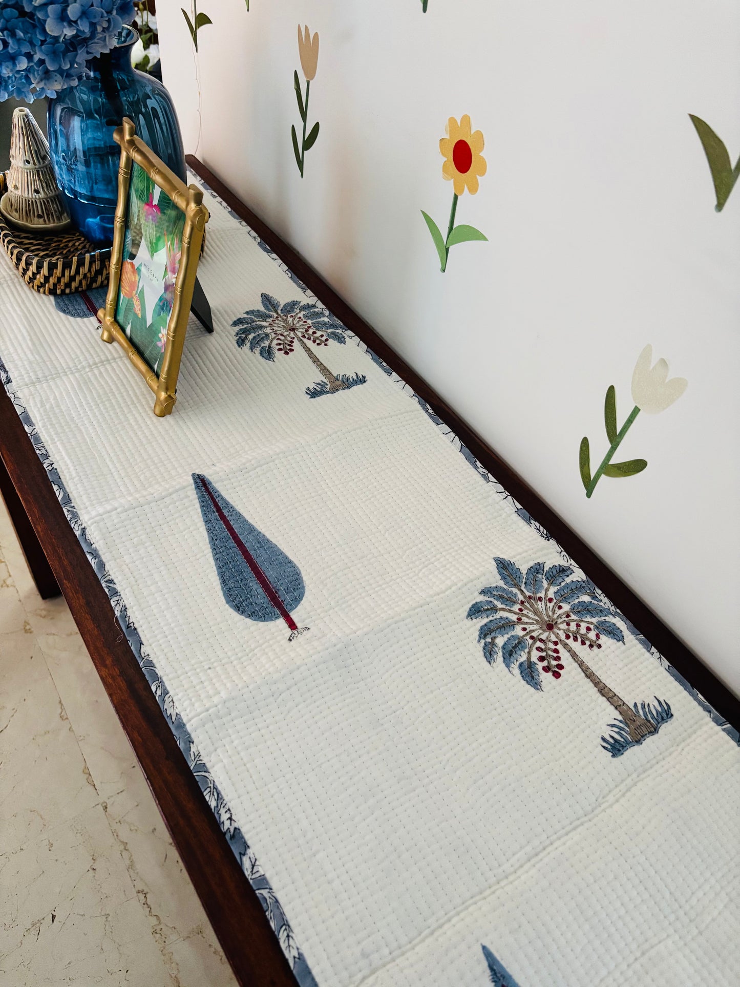 Blue palm cypress leaf Quilted & Reversible Table Runner