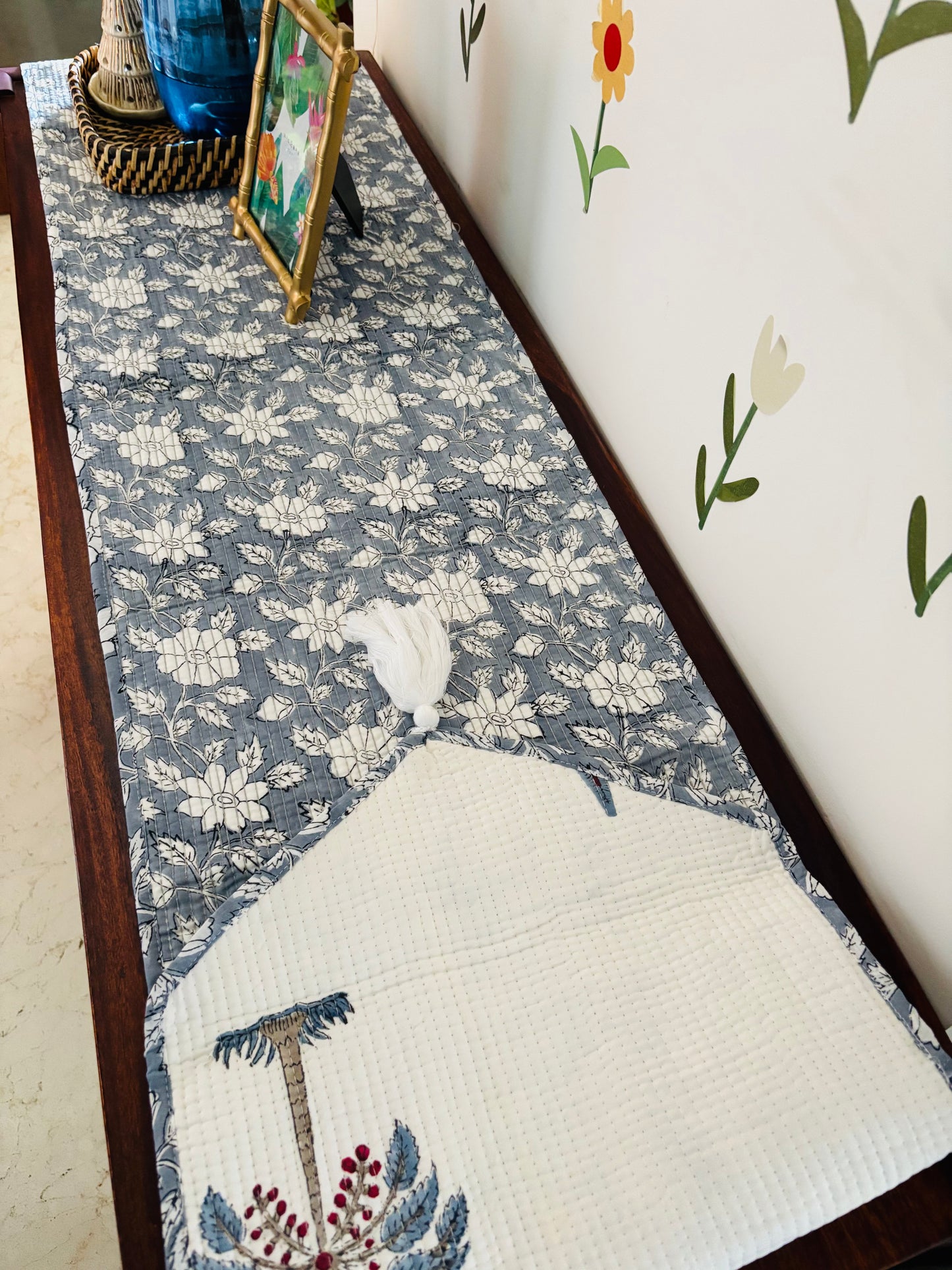 Blue palm cypress leaf Quilted & Reversible Table Runner