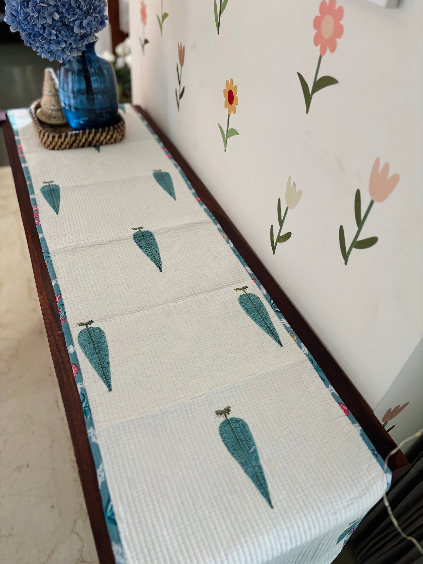 Blue cypress leaf Quilted & Reversible Table Runner