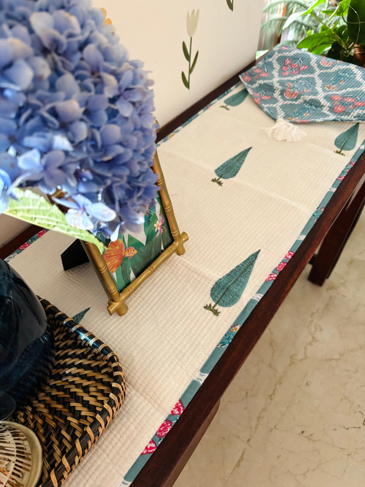 Blue cypress leaf Quilted & Reversible Table Runner
