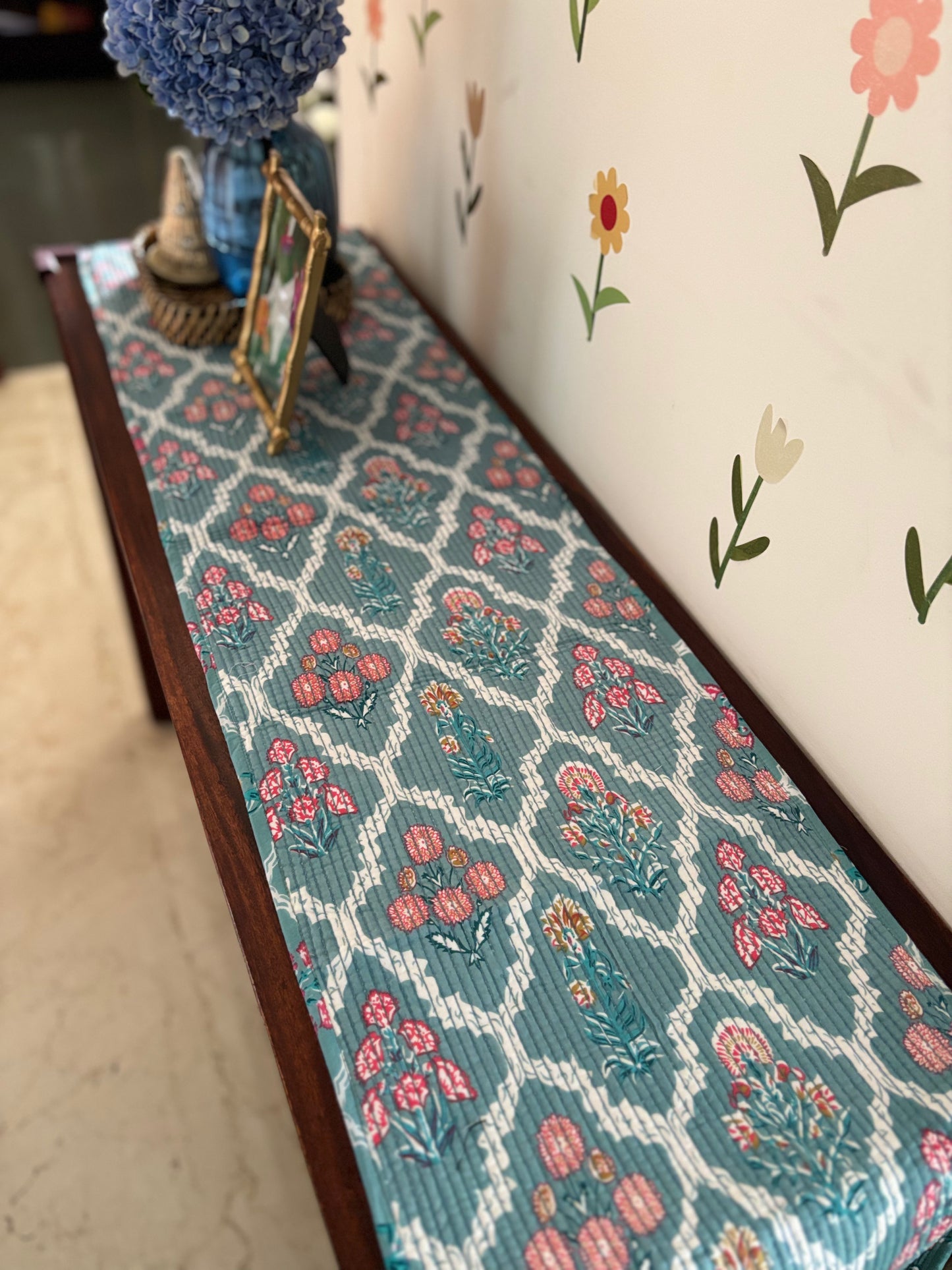 Blue cypress leaf Quilted & Reversible Table Runner