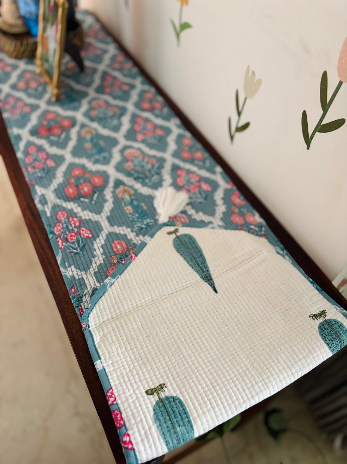 Blue cypress leaf Quilted & Reversible Table Runner