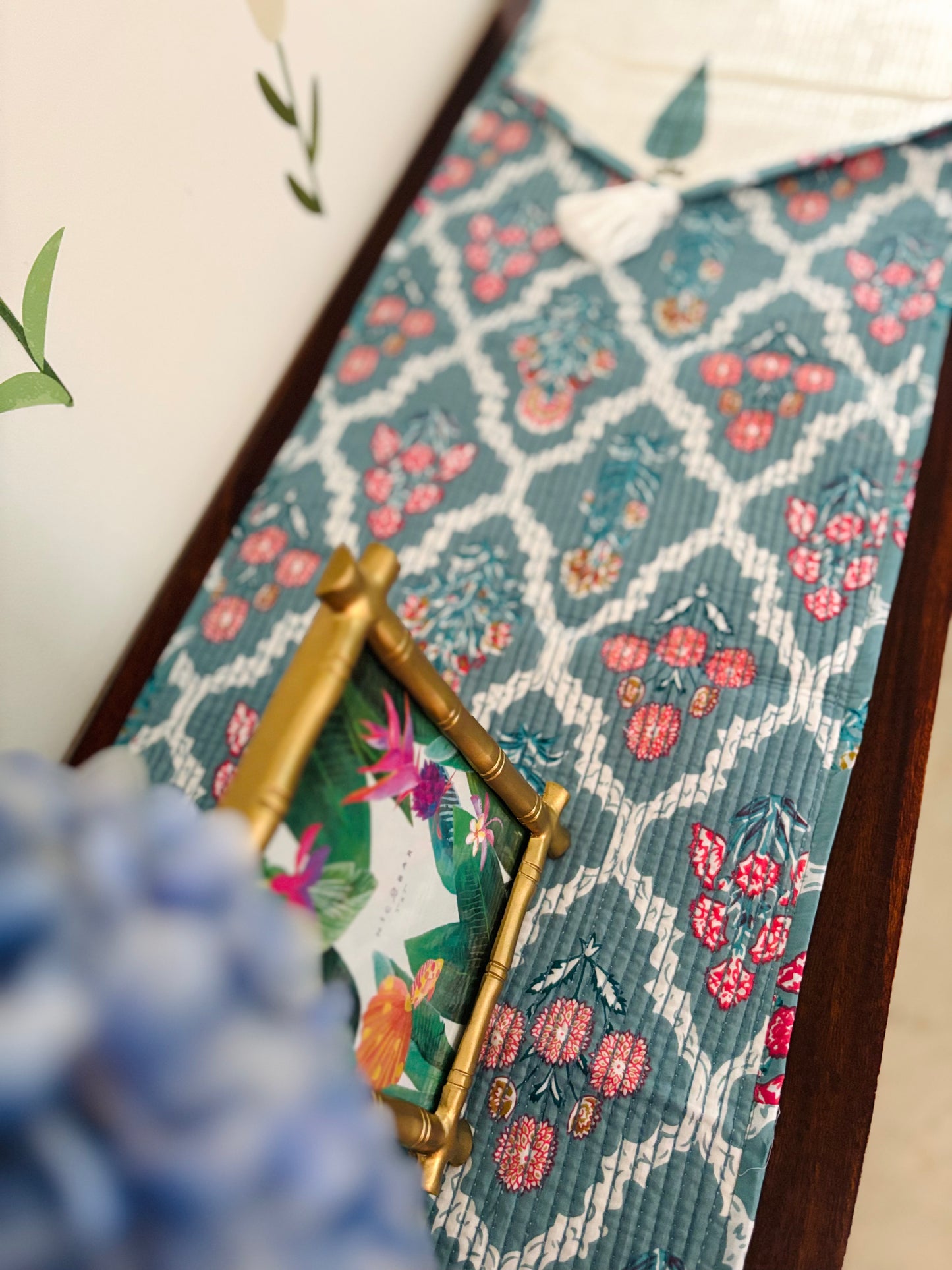 Blue cypress leaf Quilted & Reversible Table Runner