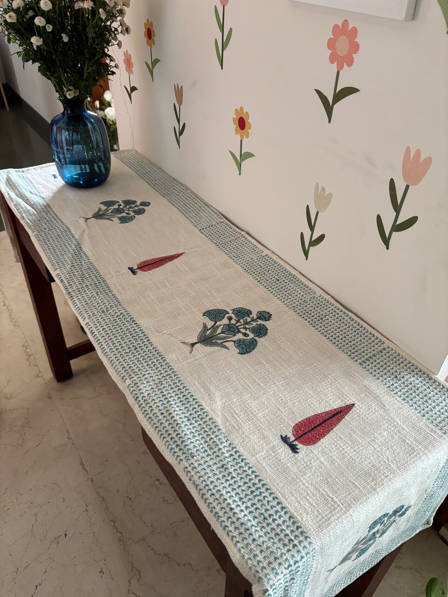 Blue green Linen Table Runner