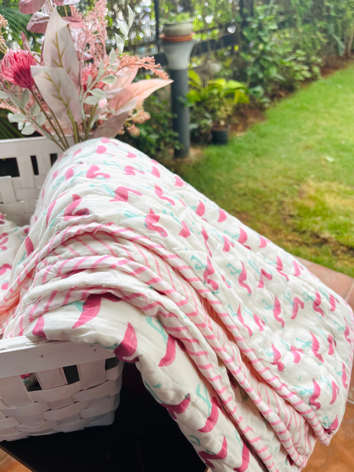 Pink Flamingo Muslin Baby Quilt