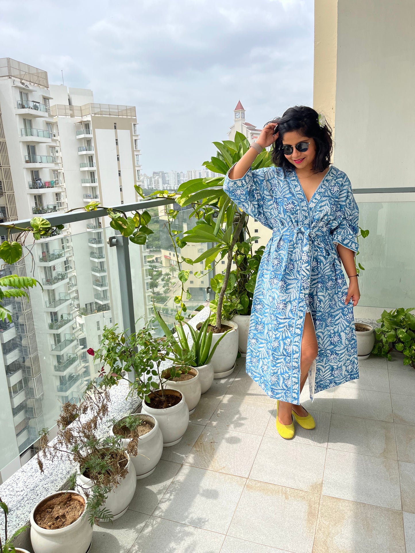 Blue Bliss Floral Waffle Cotton Bathrobe