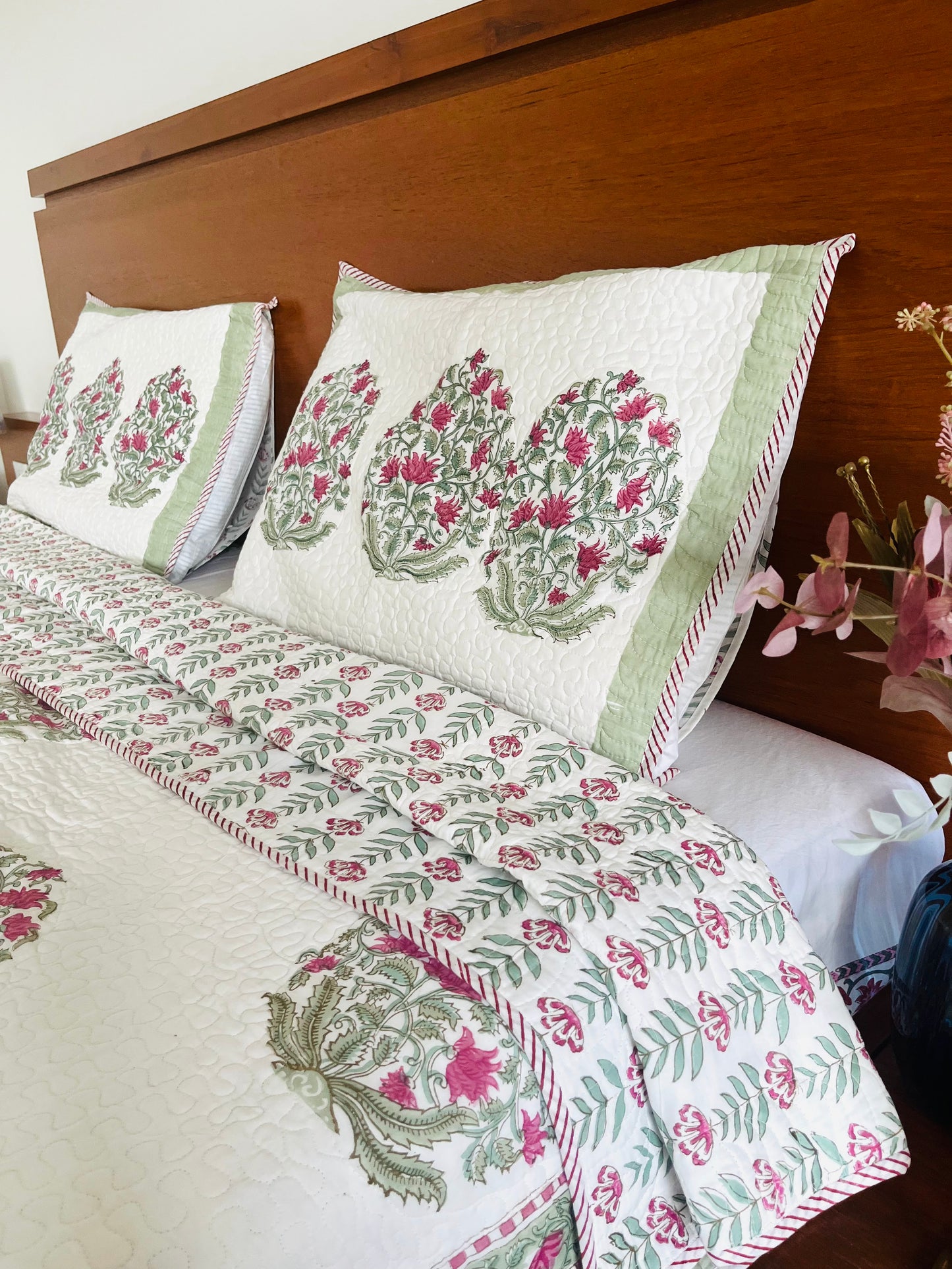 Pink Peony Quilted Bedcover