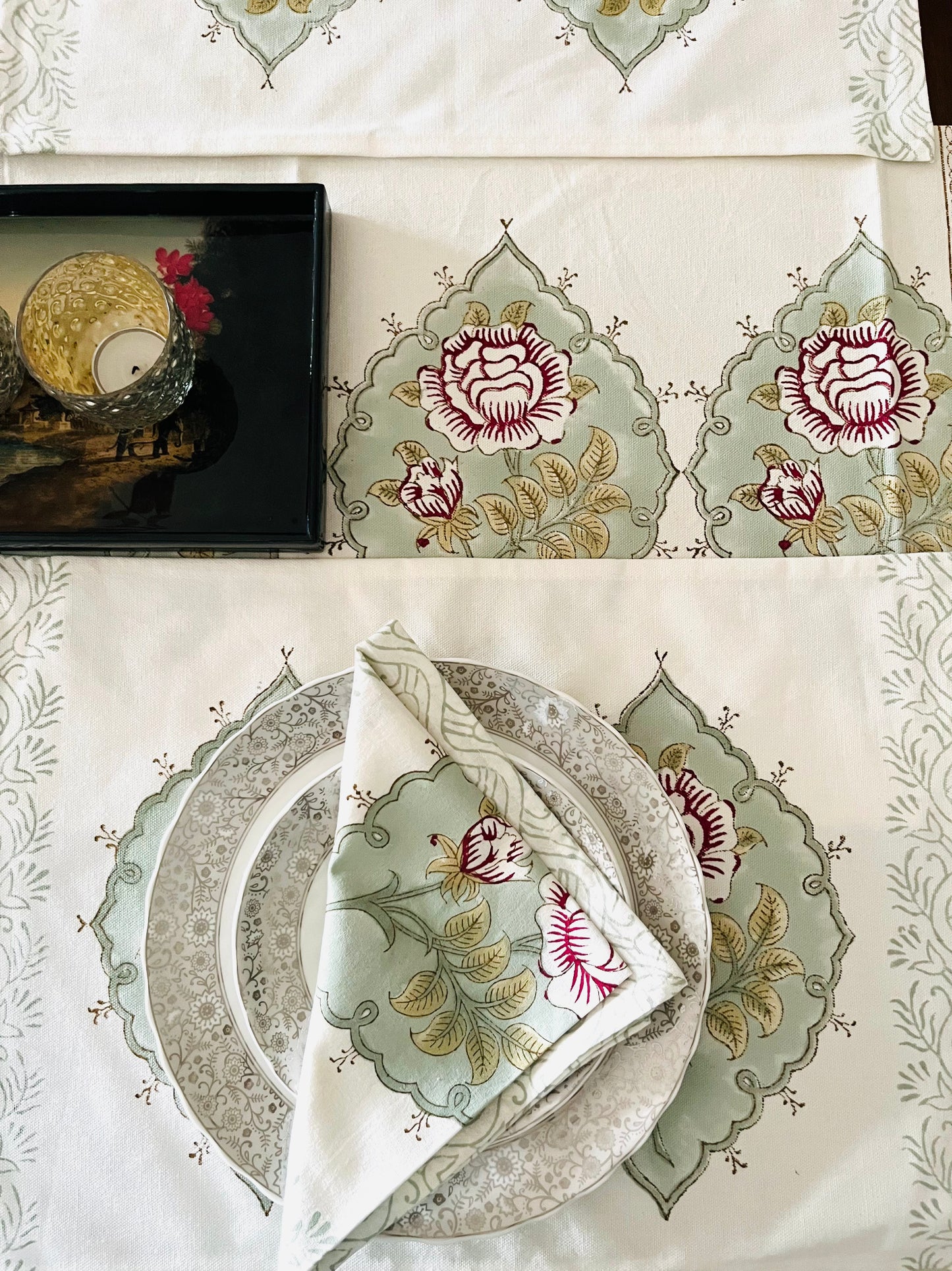 Blockprint Rose Table Mats & Napkins - Set of 6