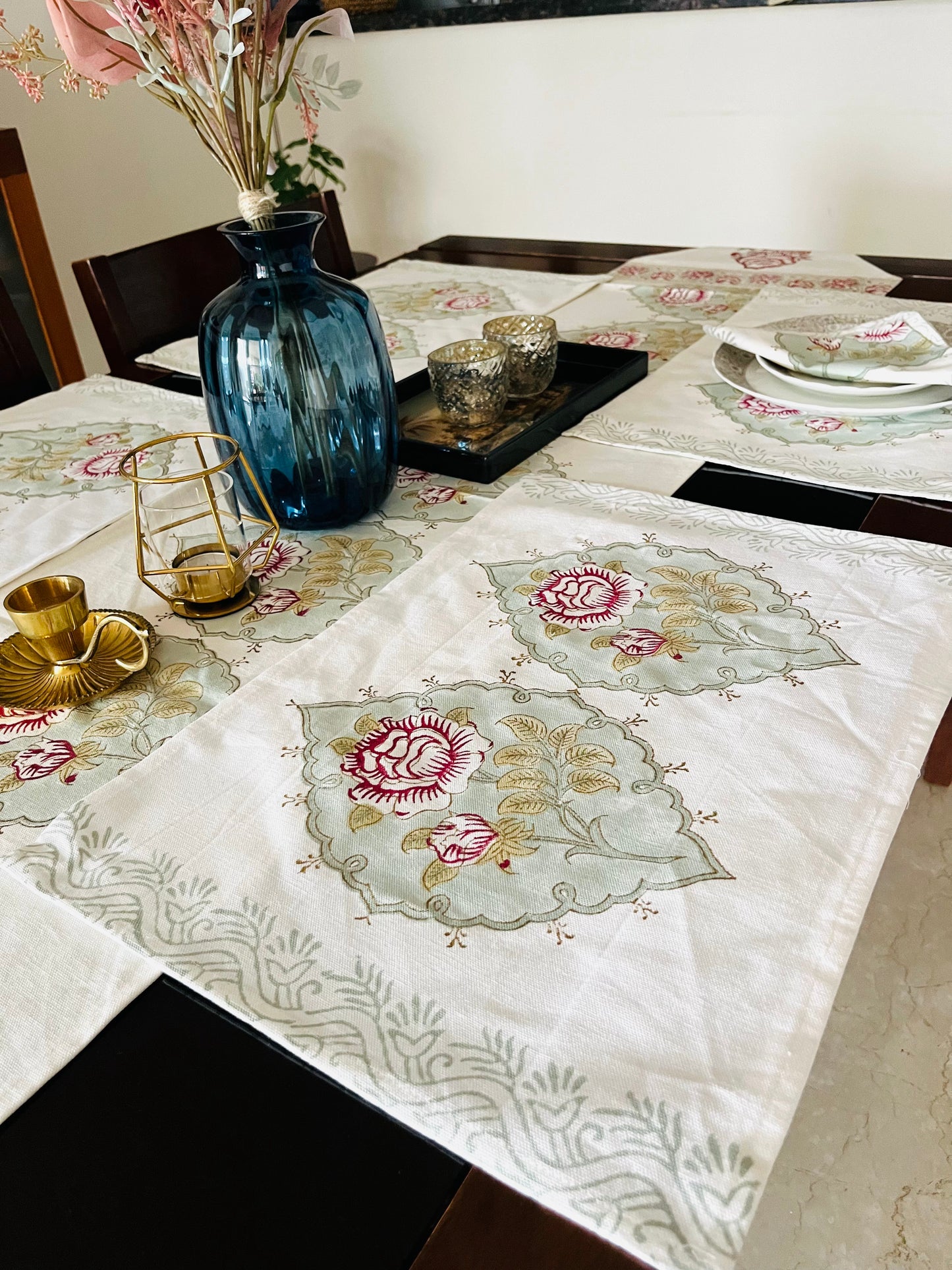 Blockprint Rose Table Mats & Napkins - Set of 6
