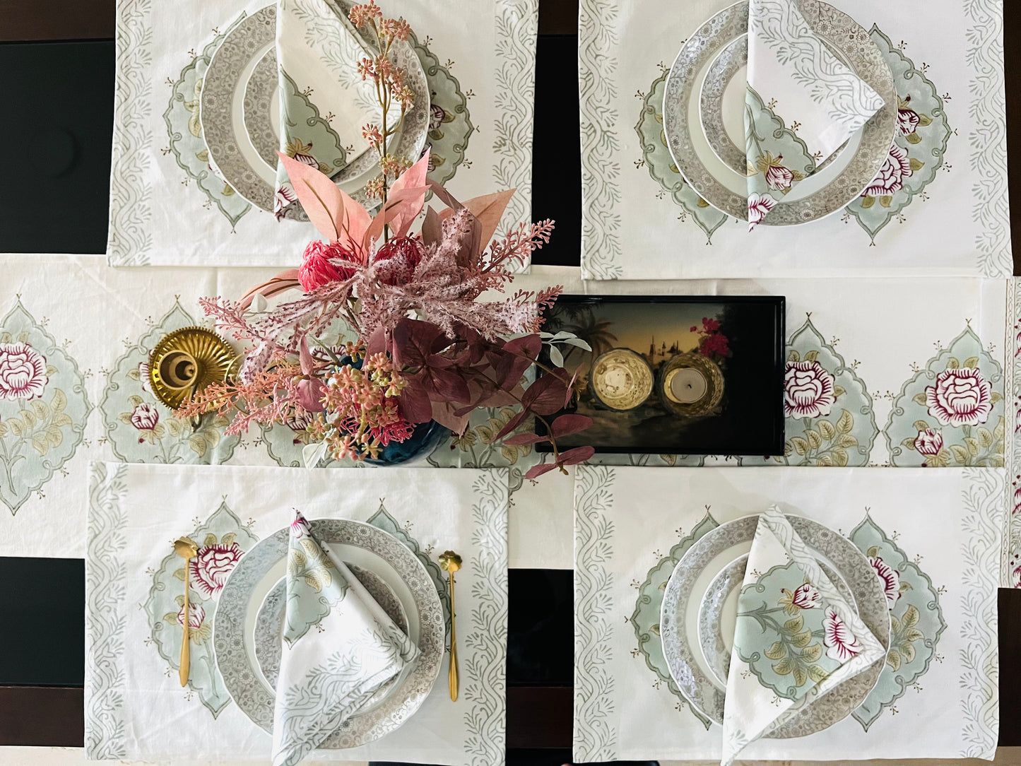 Blockprint Rose Table Mats & Napkins - Set of 6