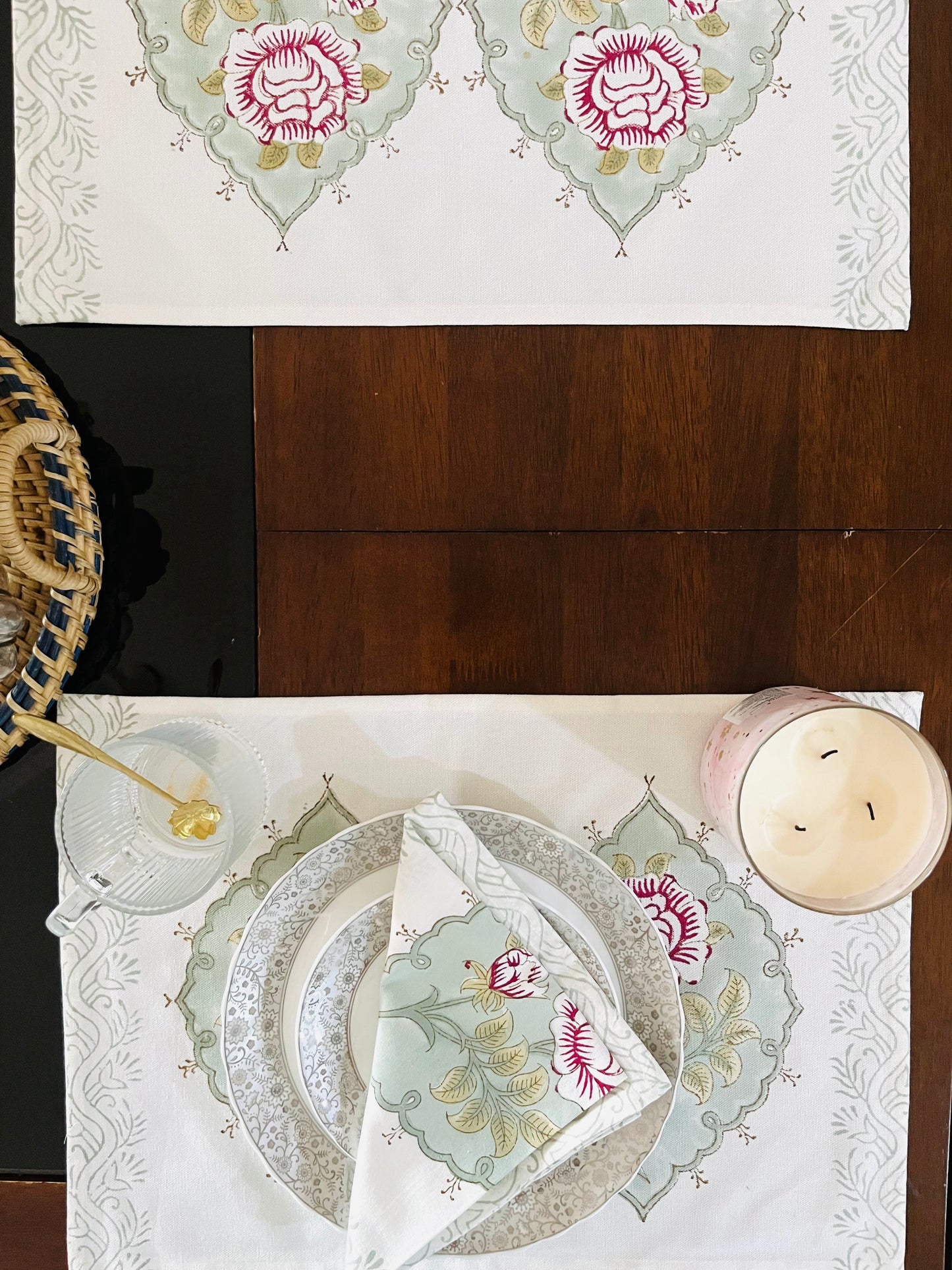 Blockprint Rose Table Mats & Napkins - Set of 6