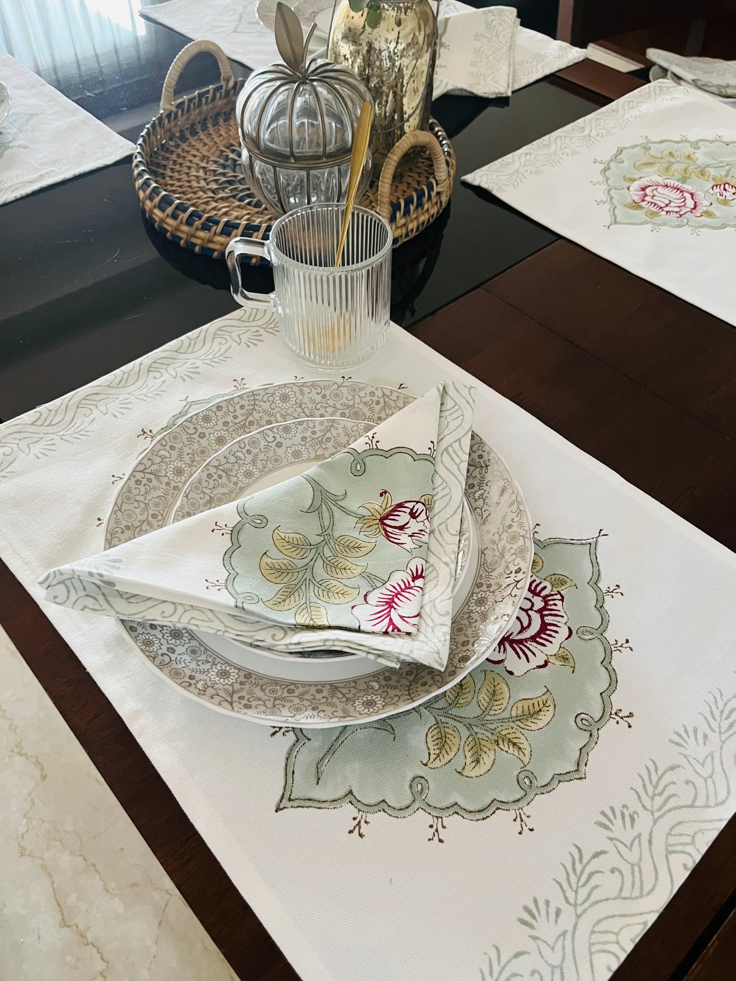 Blockprint Rose Table Mats & Napkins - Set of 6
