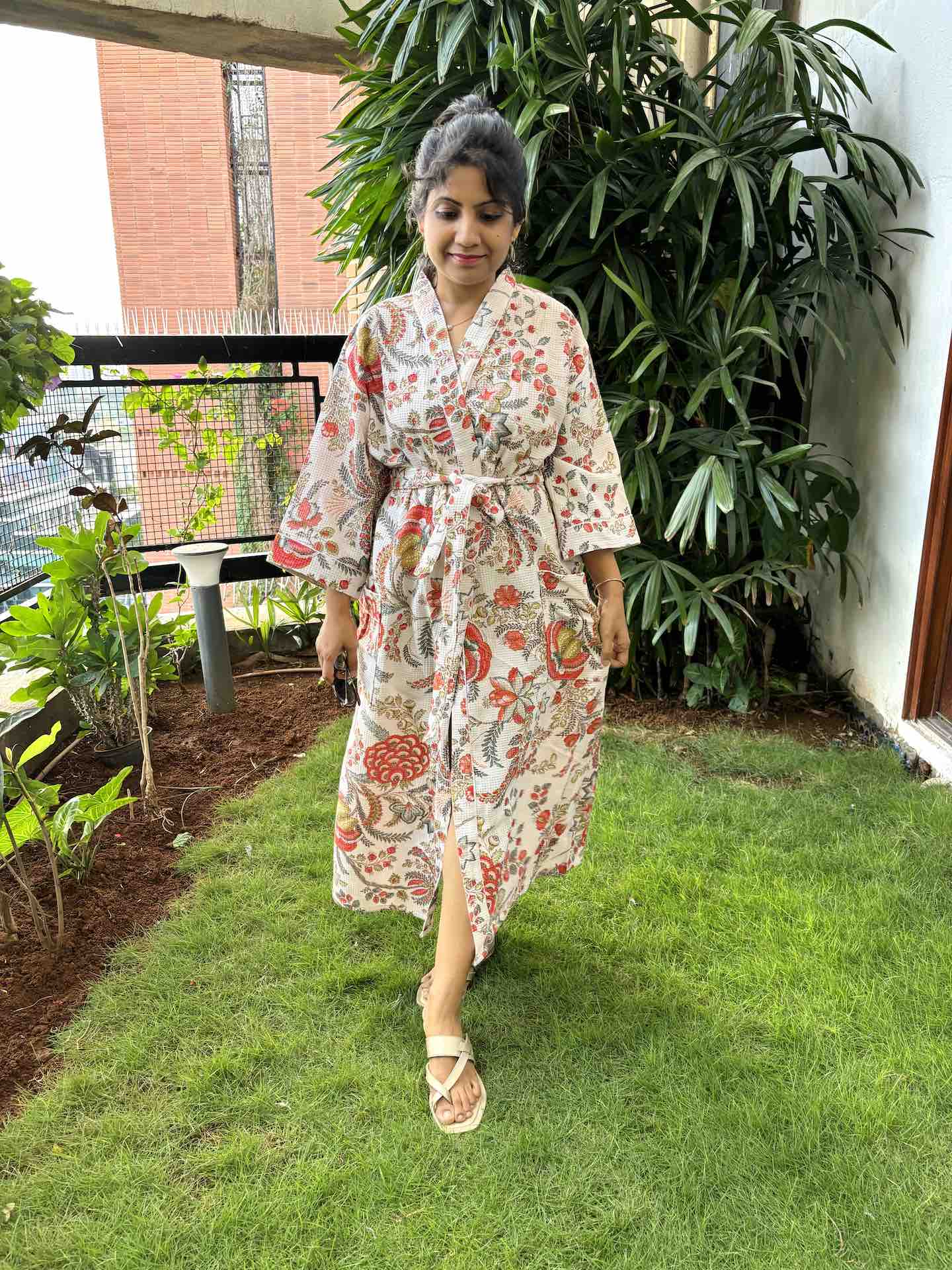 White & Red Floral Hand Block Printed Waffle Cotton Bathrobe