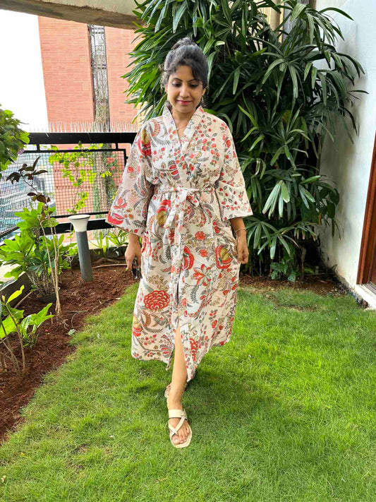 White & Red Floral Hand Block Printed Waffle Cotton Bathrobe