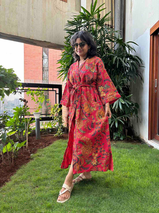 Rich Red Floral Hand Block Printed Waffle Cotton Bathrobe