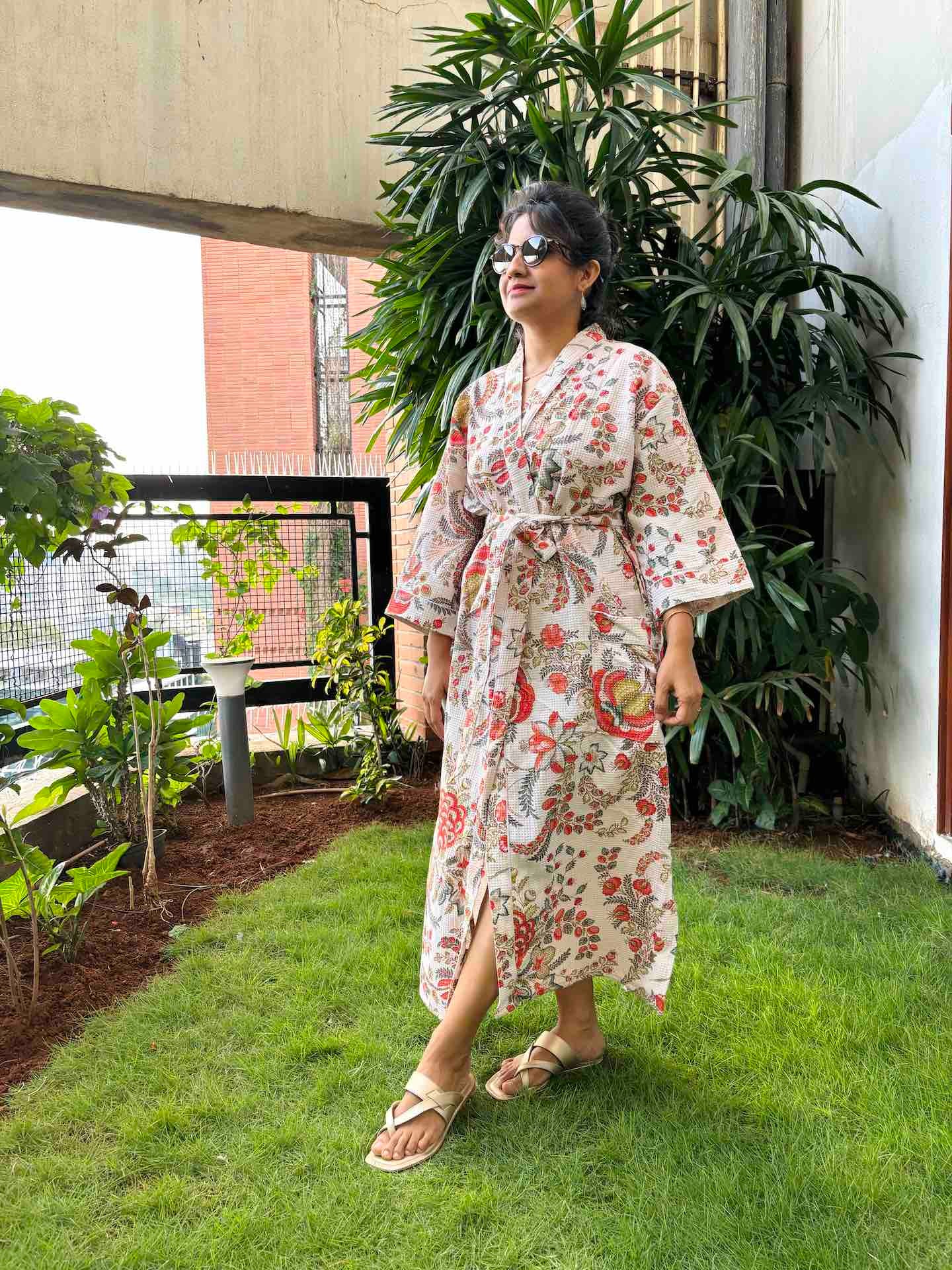 White & Red Floral Hand Block Printed Waffle Cotton Bathrobe