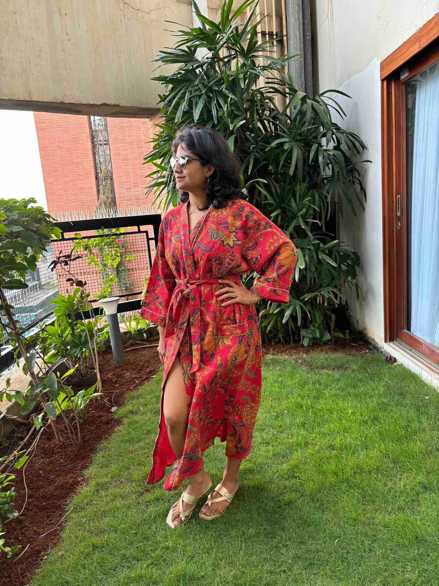 Rich Red Floral Hand Block Printed Waffle Cotton Bathrobe