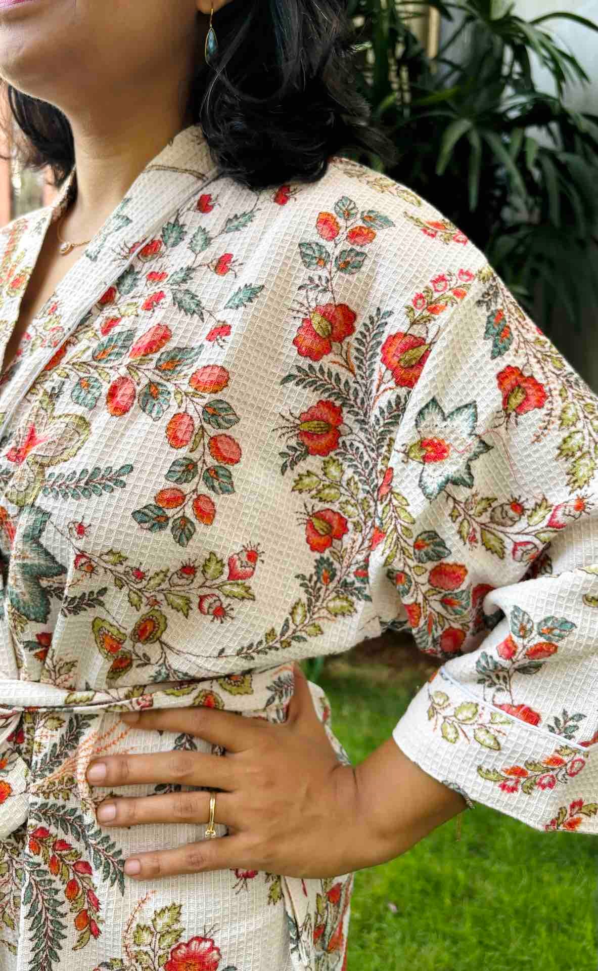White & Red Floral Hand Block Printed Waffle Cotton Bathrobe
