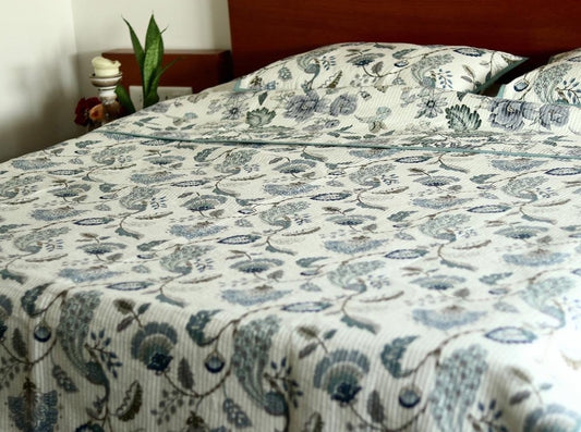 Blue Floral Quilted Bedcover Set