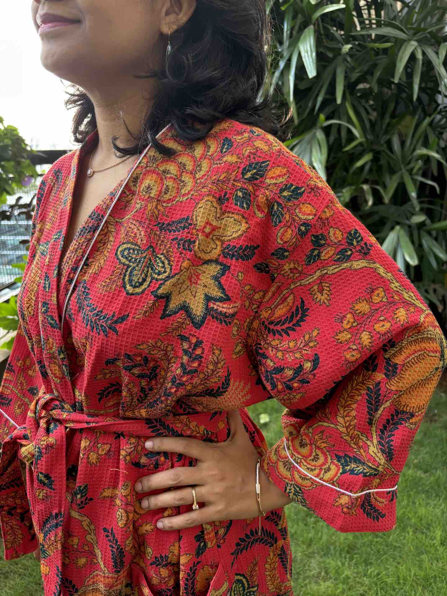 Rich Red Floral Hand Block Printed Waffle Cotton Bathrobe