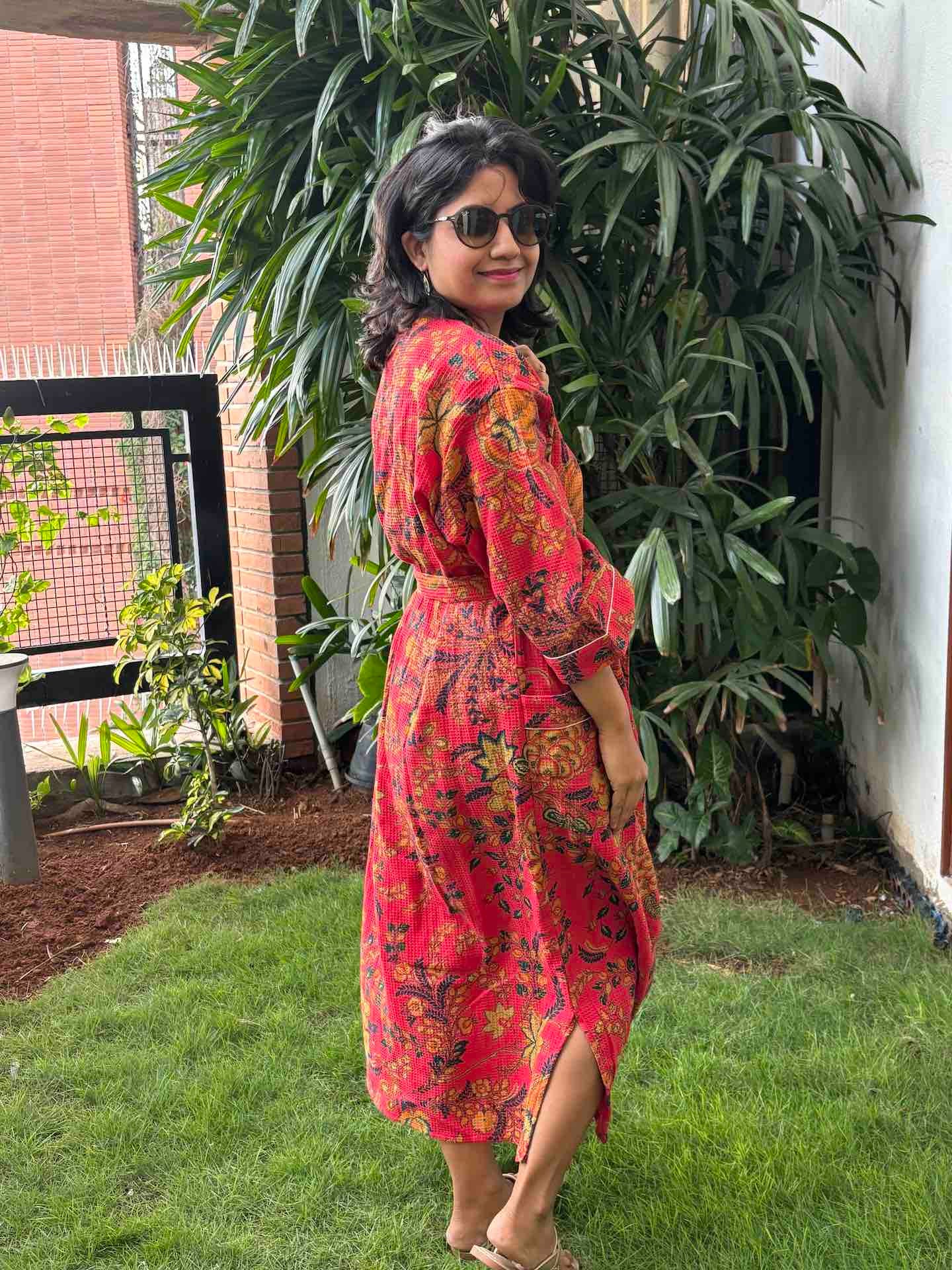 Rich Red Floral Hand Block Printed Waffle Cotton Bathrobe