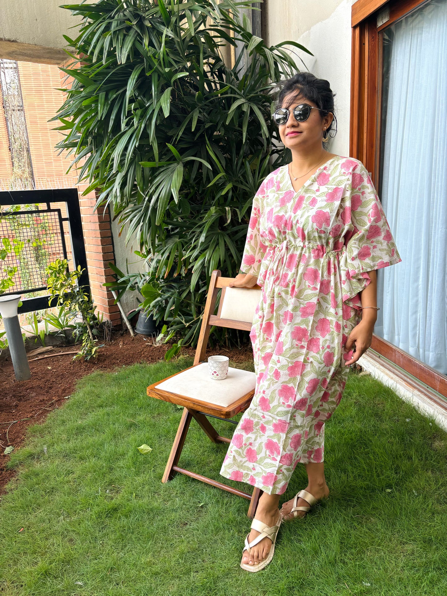 Blushing Bouquet Pink Handblock Printed Kaftan