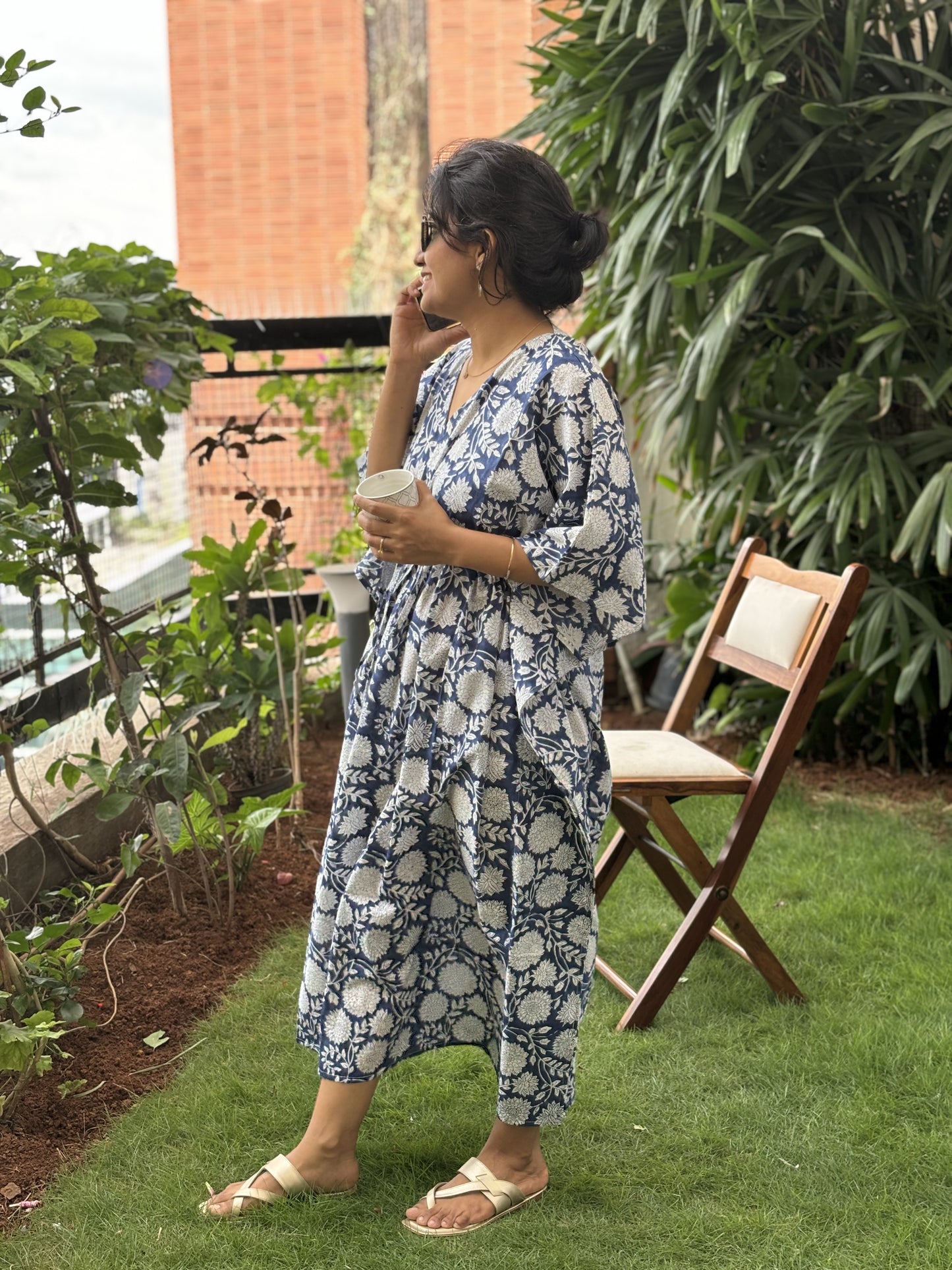 Blue Floral Handblock Printed Kaftan